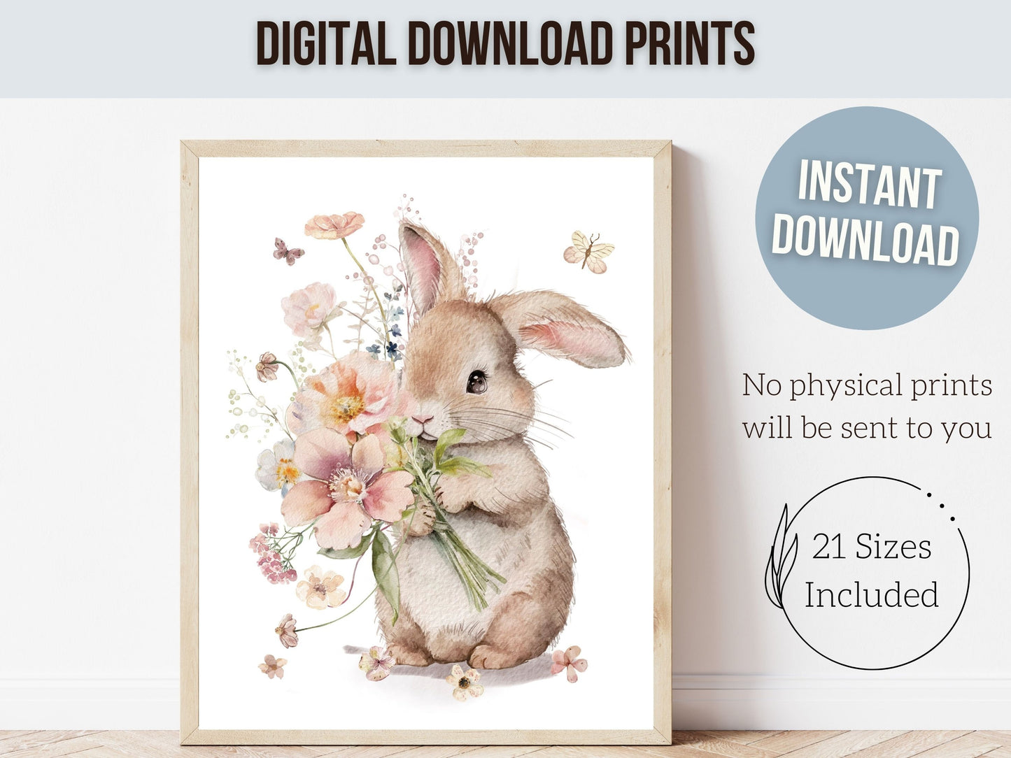 Bunny Nursery Prints, Floral Bunny Nursery Wall Art, Wildflower Nursery Decor, Girl Nursery Bedroom Prints,Wild Flower Nursery Digital Print