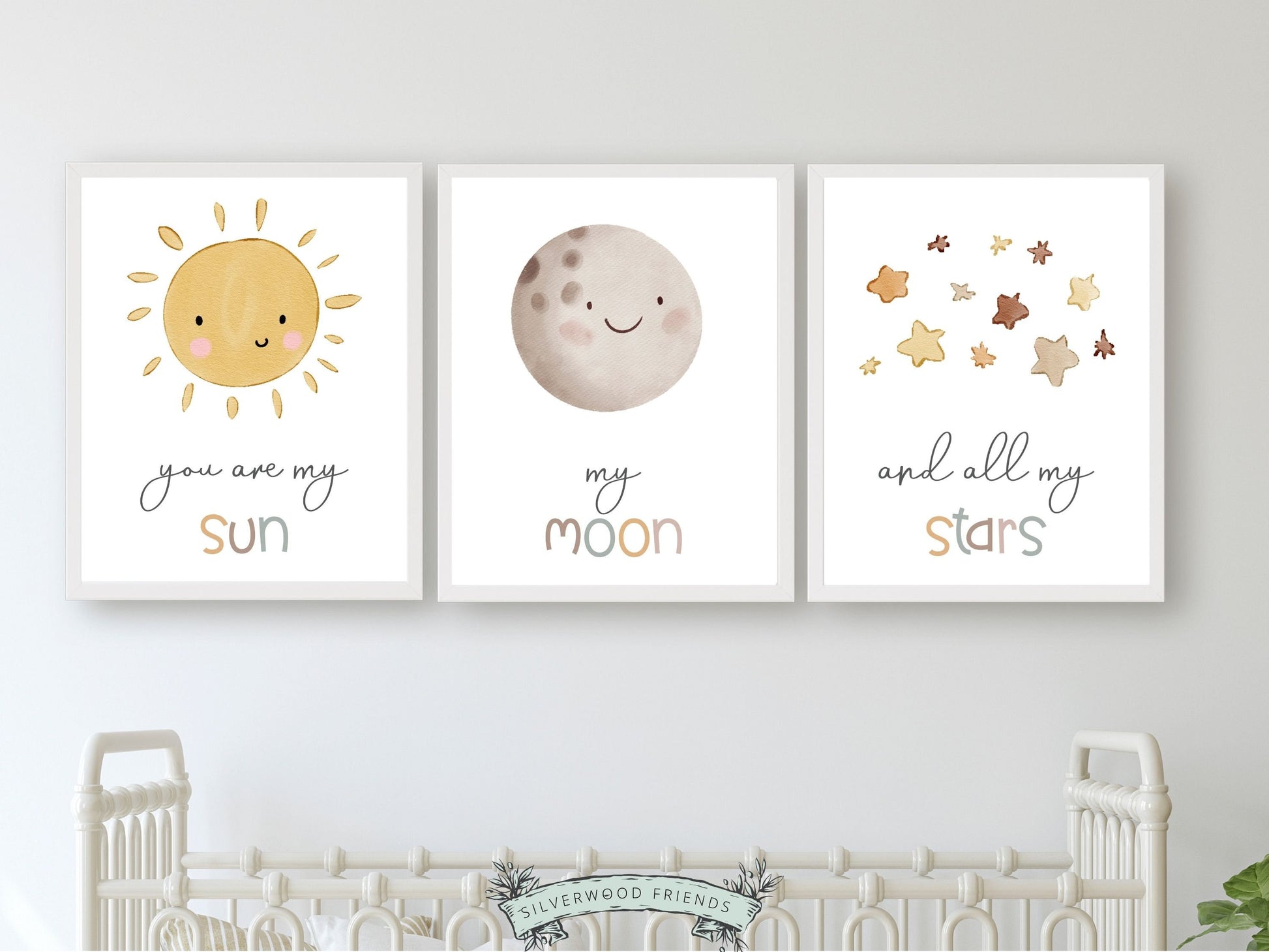Our Set of 3 Boho Baby Nursery Prints, featuring watercolour sun, moon, and stars, along with the loving and positive quote "You are my sun, my moon, and all my stars" will create a dreamy atmosphere in your babys nursery.