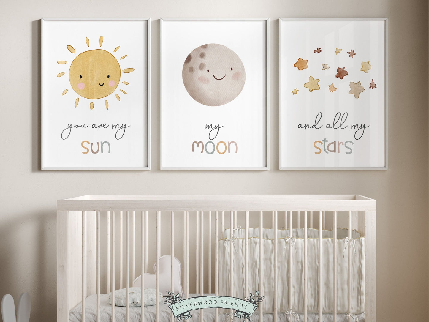 Our Set of 3 Boho Baby Nursery Prints, featuring a sun, moon, and stars, along with the loving and positive quote, You are my sun, my moon, and all my stars, will create a dreamy atmosphere in your babys nursery. Gender neutral baby shower gift.