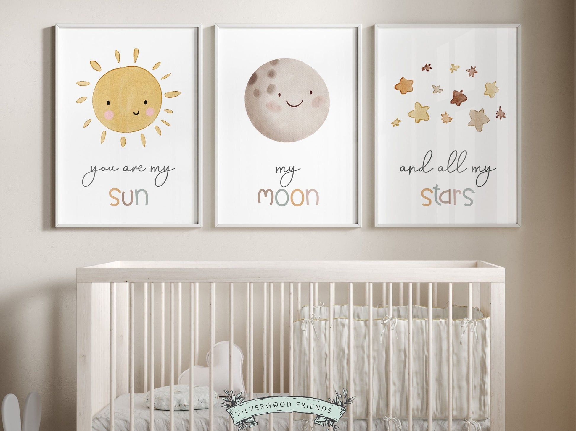 Our Set of 3 Boho Baby Nursery Prints, featuring a sun, moon, and stars, along with the loving and positive quote, You are my sun, my moon, and all my stars, will create a dreamy atmosphere in your babys nursery. Gender neutral baby shower gift.