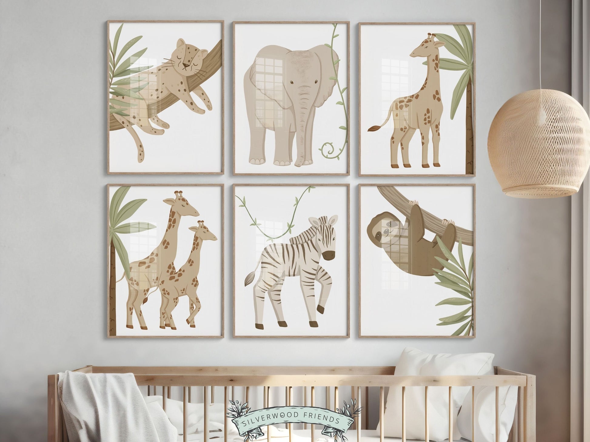 Boho Safari Nursery Prints Set of 6. Featuring charming jungle animals amidst tropical plants, this collection is an ideal choice for a safari themed room or your neutral nursery decor, and also makes a delightful safari baby shower gift.