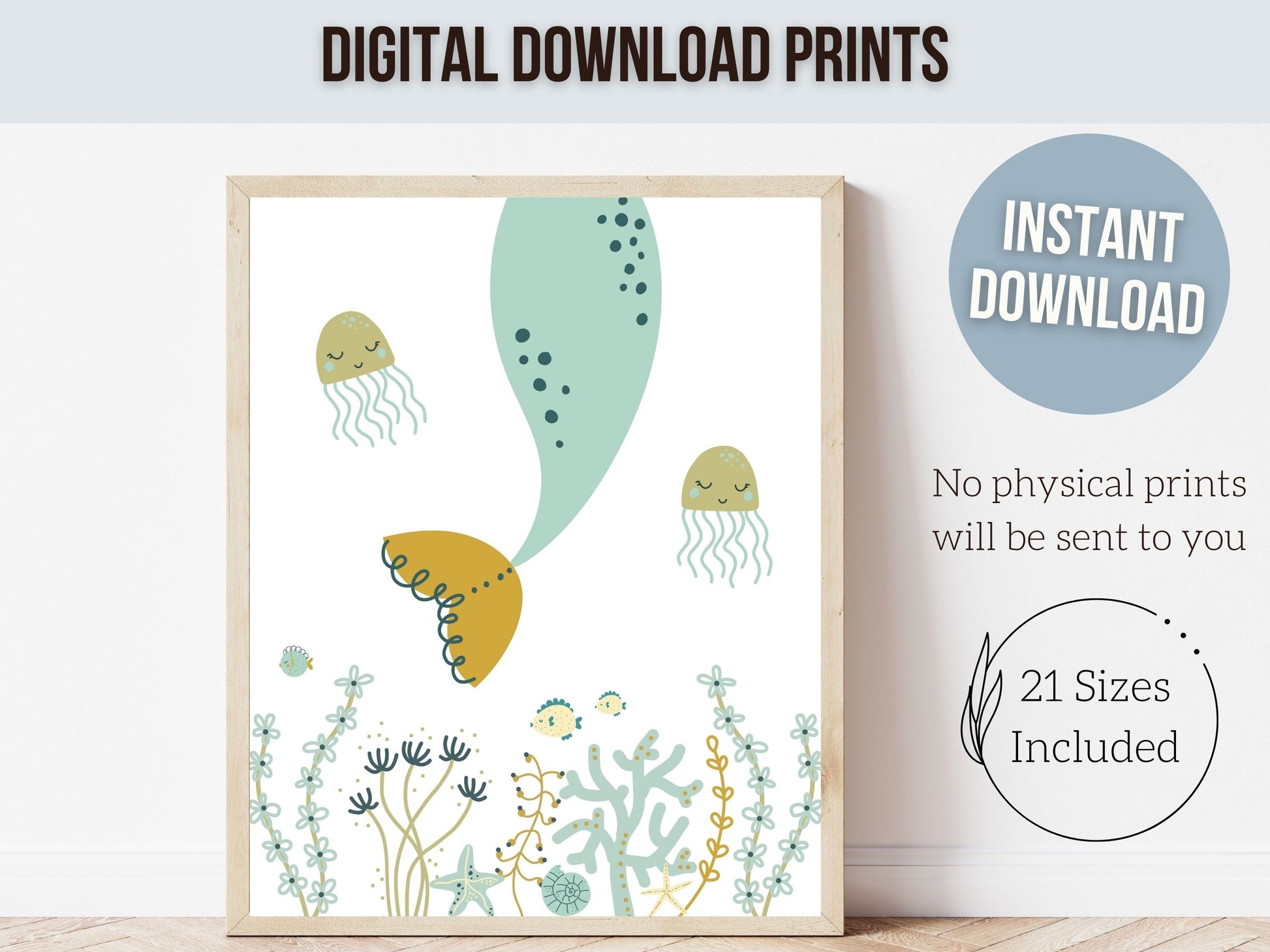 Mermaid Nursery Prints, Girls Whale Nursery Decor, Under the Sea Nursery Wall Art, Newborn Ocean Baby Shower Gift, Sea Turtle Digital Print
