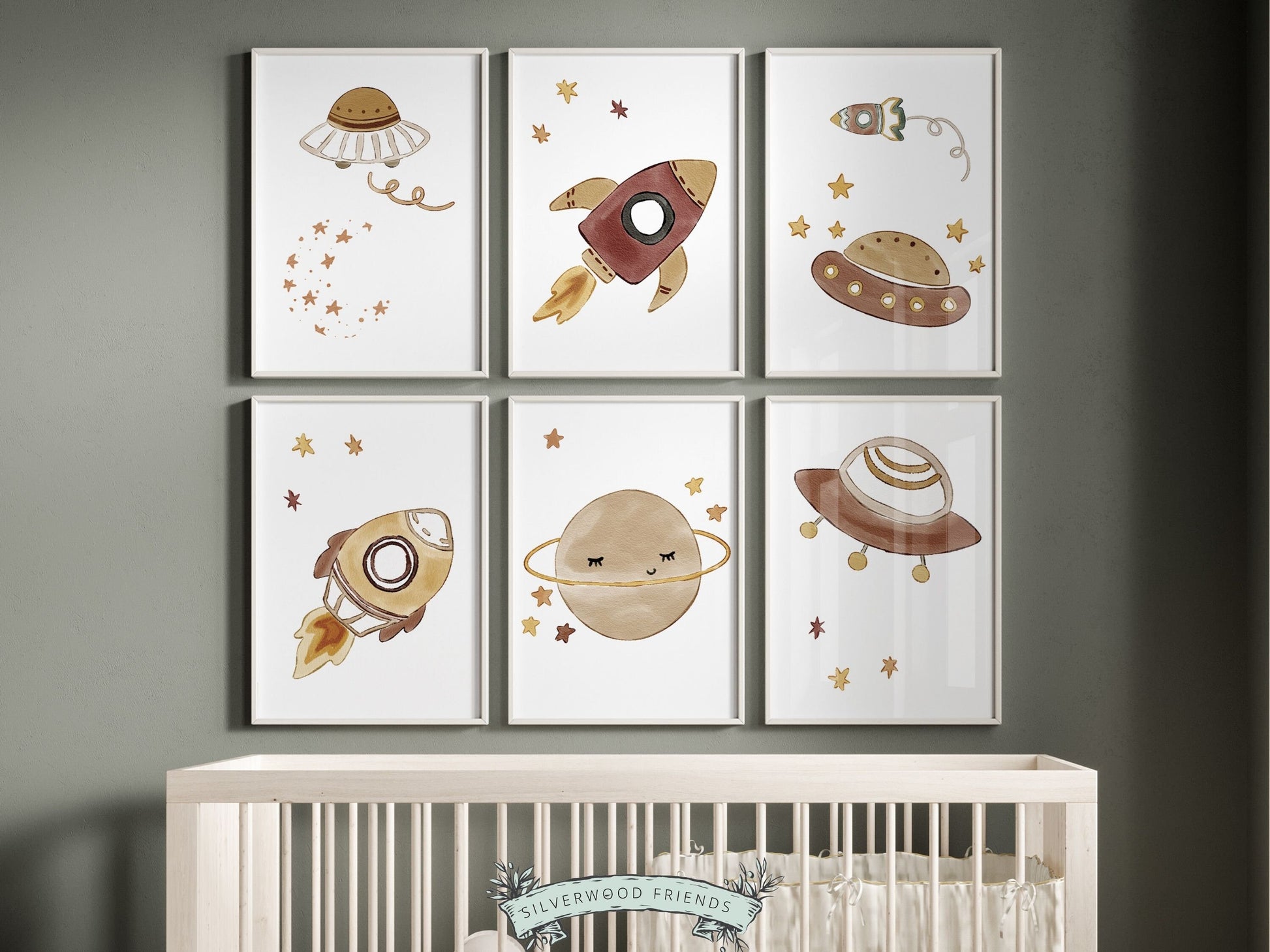 Space Themed Nursery Print, Outer Space Planet Nursery Wall Art, Beige Alien Rocket Nursery Decor,Solar System Neutral Nursery Digital Print