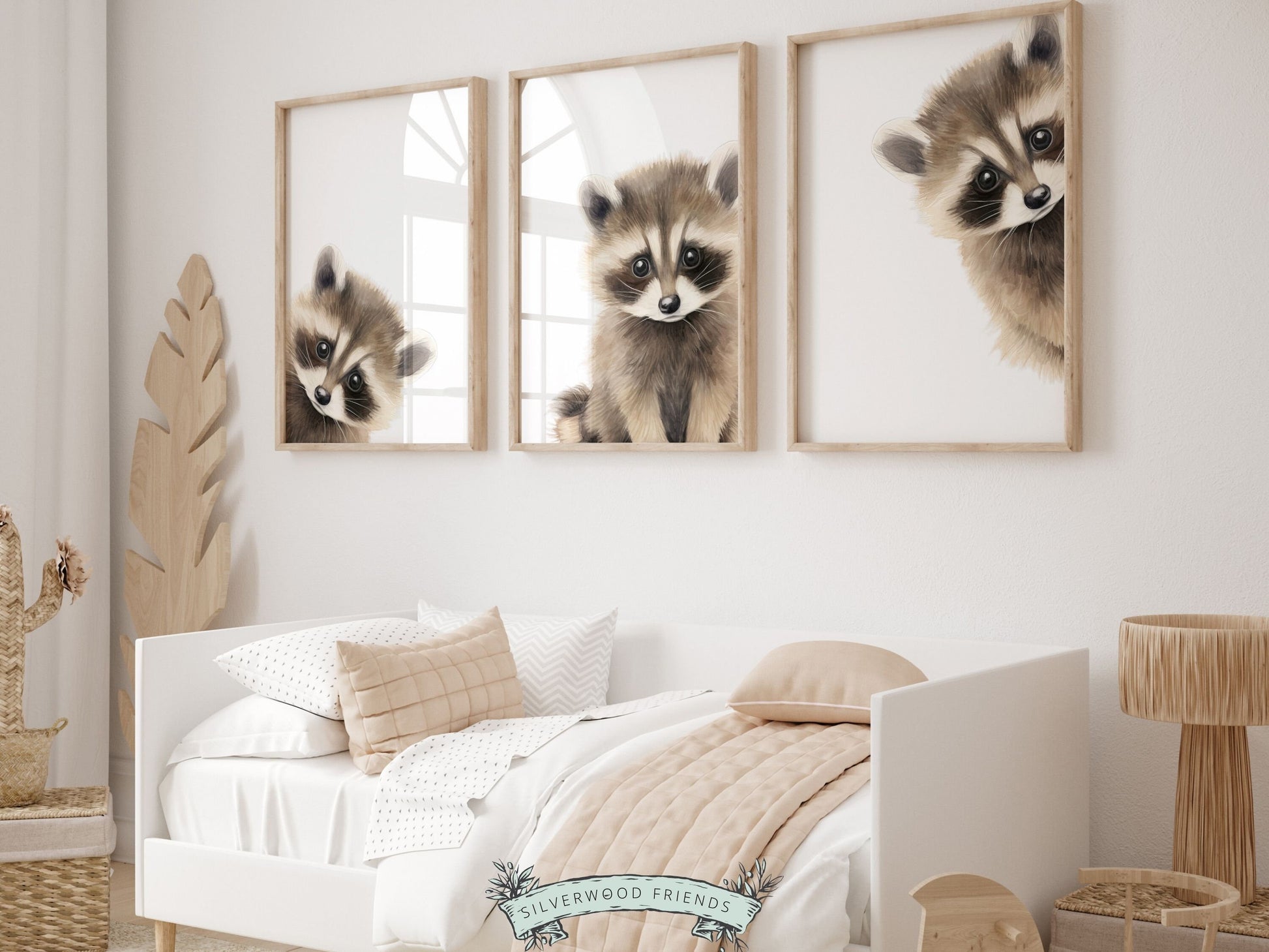 Peeking Animal Nursery Print, Woodland Nursery Decor, Neutral Nursery Decor, Raccoon Nursery Wall Art, Woodland Animal Nursery Digital Print