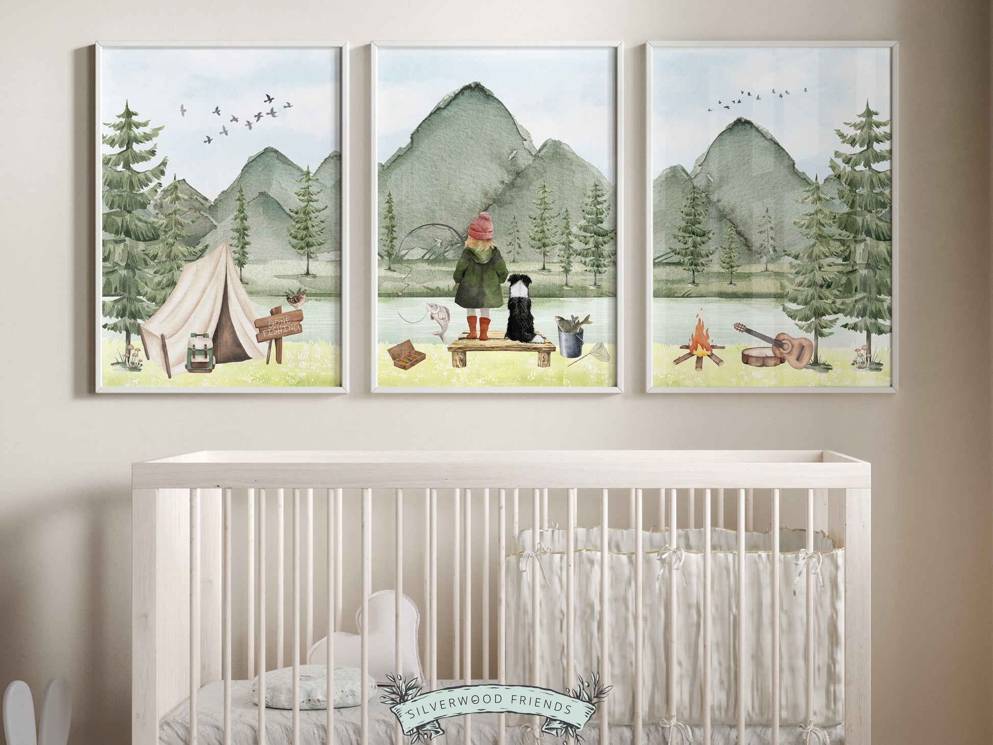 Fishing Nursery Wall Art, Girls Fishing Nursery Decor, Woodland Camping Nursery Decor,Gone Fishing Print,Girls Camping Nursery Digital Print