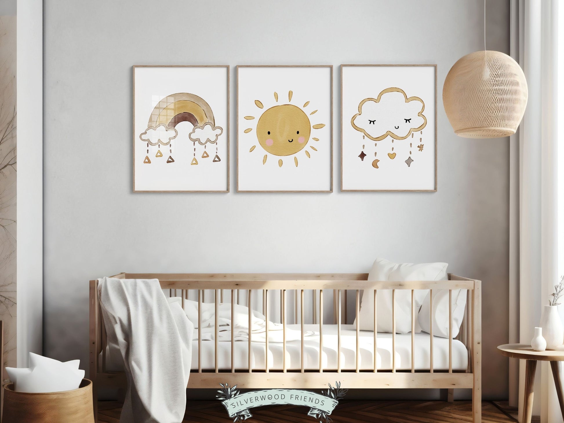 Celestial Sun Nursery Prints, Gender Neutral Boho Rainbow Nursery Decor, Earthy Nursery Kids Room Decor, Cloud Rainbow Nursery Digital Print