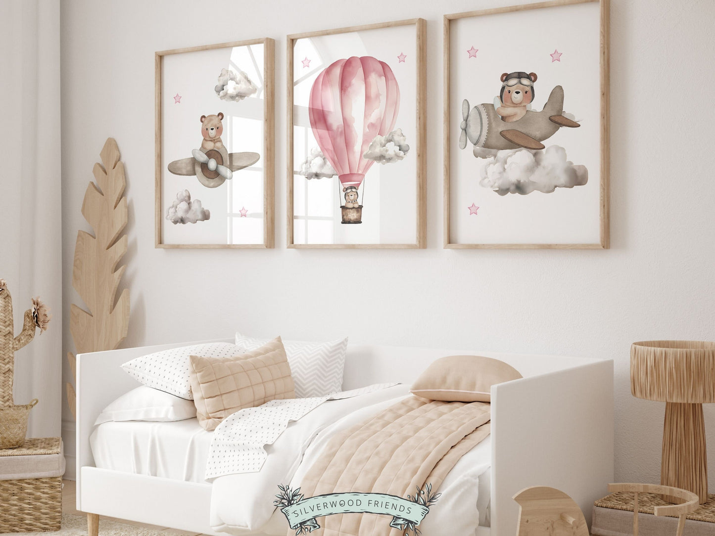 Pink Watercolor Hot Air Balloon Nursery Prints, Baby Girl Adventure Beige Nursery Wall Art, Girls Teddy Bear Nursery Decor Digital Prints