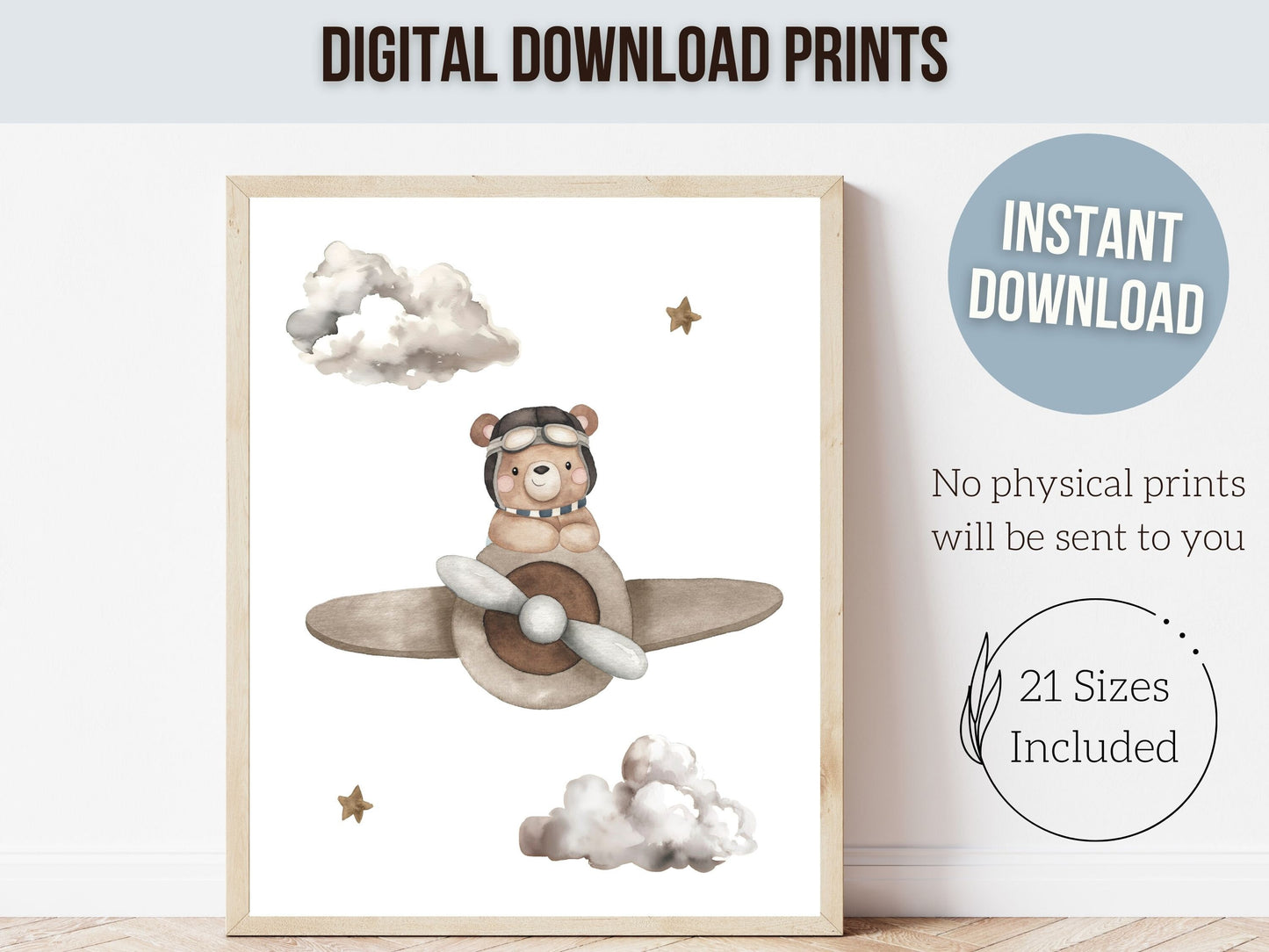 Teddy Bear Nursery Prints, Bear Nursery Decor, Neutral Nursery Wall Art, Beige Hot Air Balloon Nursery Print, Kids Room Decor Digital Prints