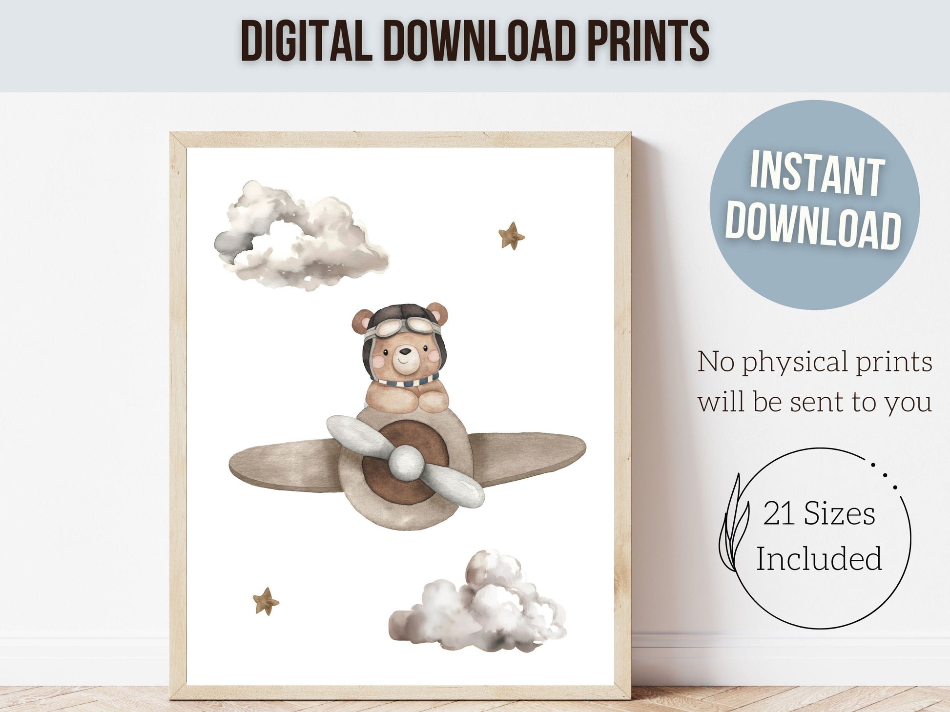 Teddy Bear Nursery Prints, Bear Nursery Decor, Neutral Nursery Wall Art, Beige Hot Air Balloon Nursery Print, Kids Room Decor Digital Prints