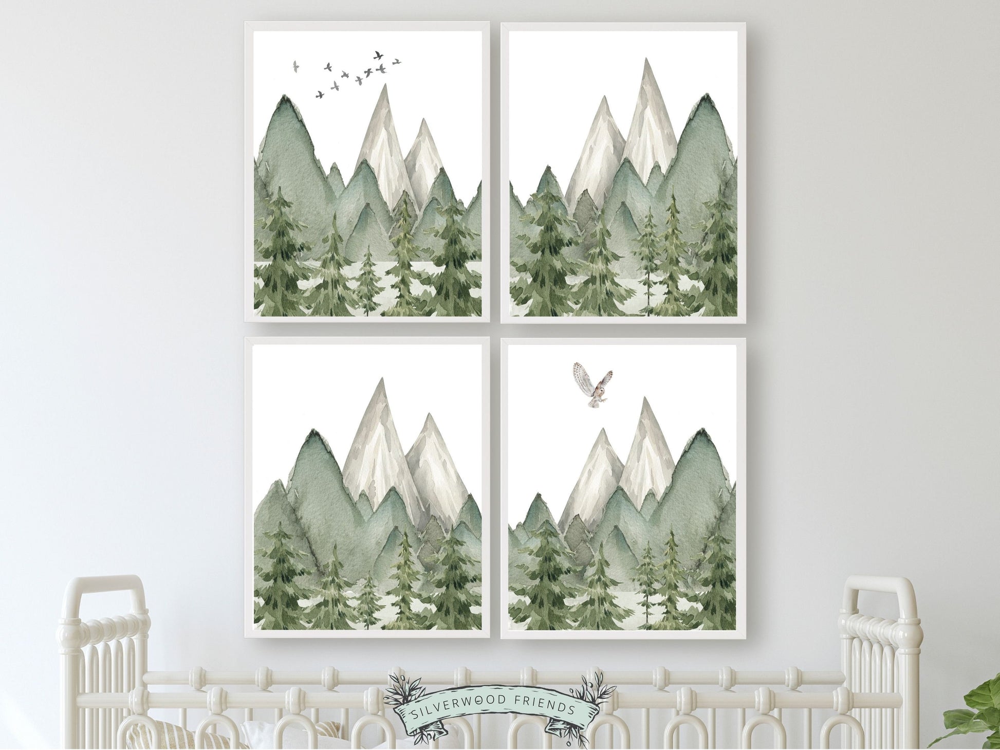 Set of 4 Mountain Nursery Prints, featuring watercolor mountains and woodland forest landscapes. Its ideal for adding a touch of natural beauty to your mountain nursery or creating a captivating atmosphere in your home. Also as a baby shower gift.