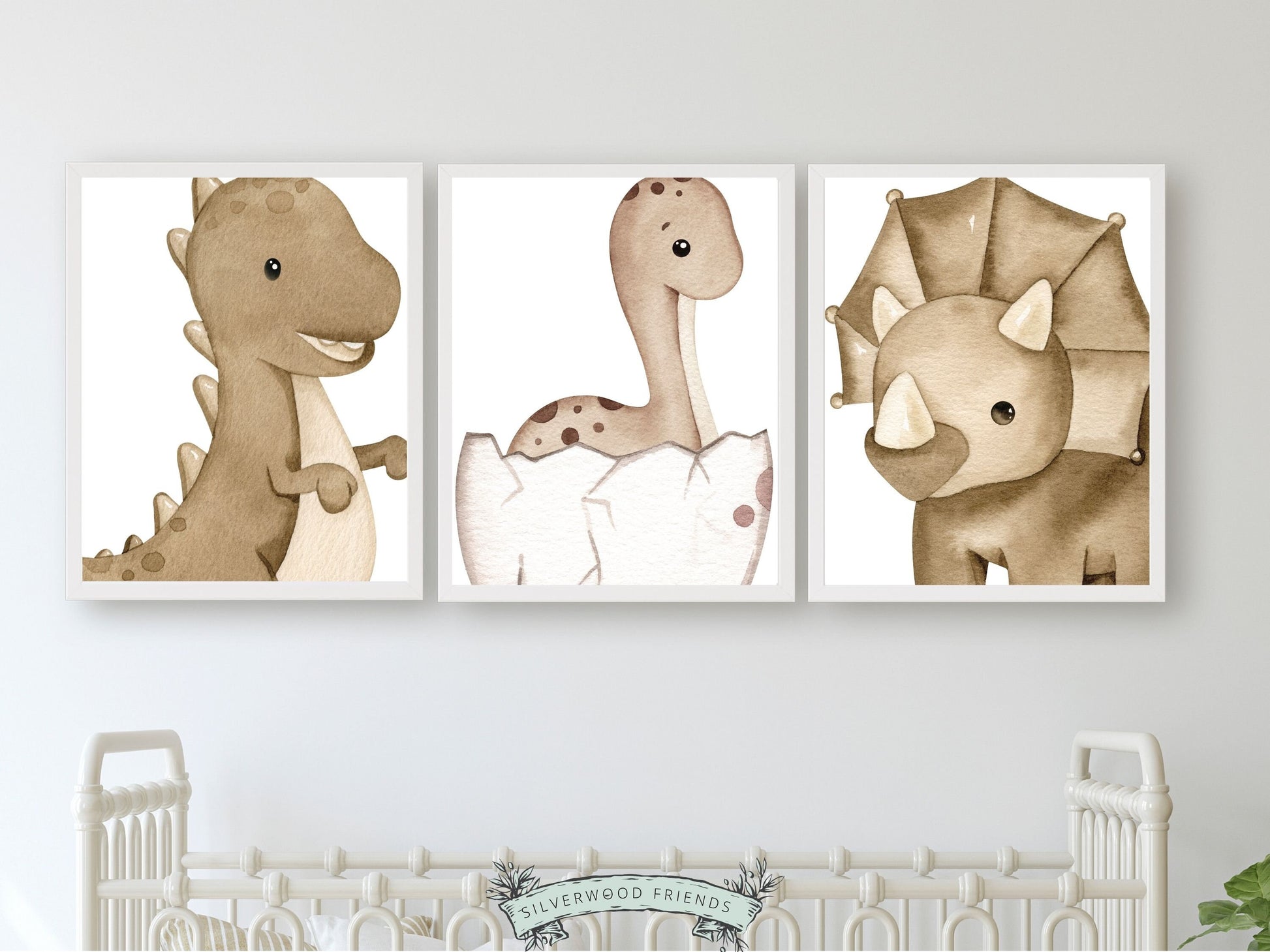 Transform your nursery into a prehistoric paradise with our charming watercolour Dinosaur Nursery Prints featuring adorable baby dinosaurs in a neutral nursery colour scheme.