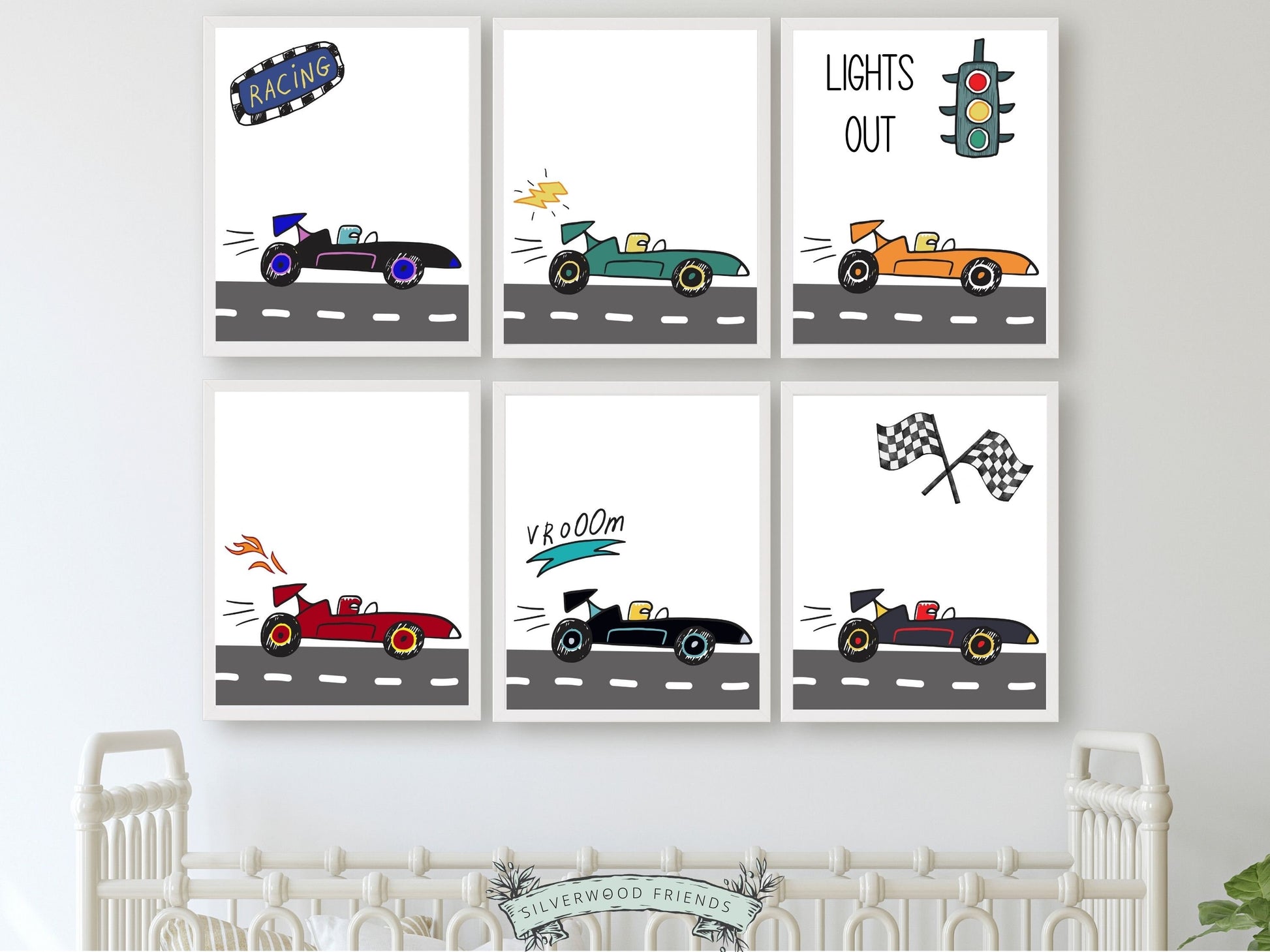 Fuel your little ones imagination with our Set of 6 Car Racing Nursery Prints showcasing speedy race cars in an adorable cartoon style. The perfect addition to any racing enthusiasts room, these prints bring a touch of excitement to your childs decor