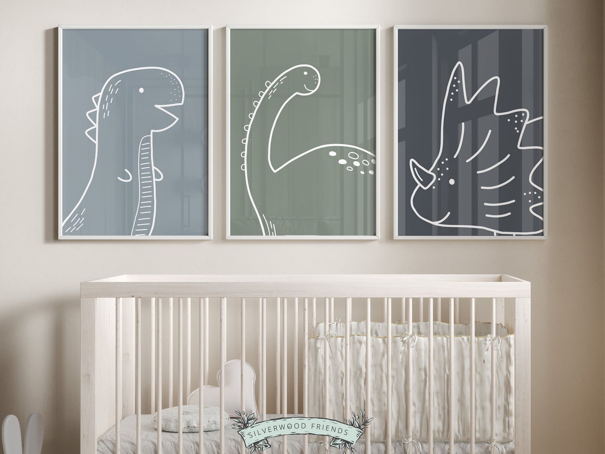 Set of 3 Dinosaur Nursery Prints, showcasing the majestic outlines of T-Rex, Brachiosaurus, and Triceratops against soothing blue and green backgrounds. Ideal for a dinosaur-themed bedroom, dino nursery decor, or as a dinosaur baby shower gift.