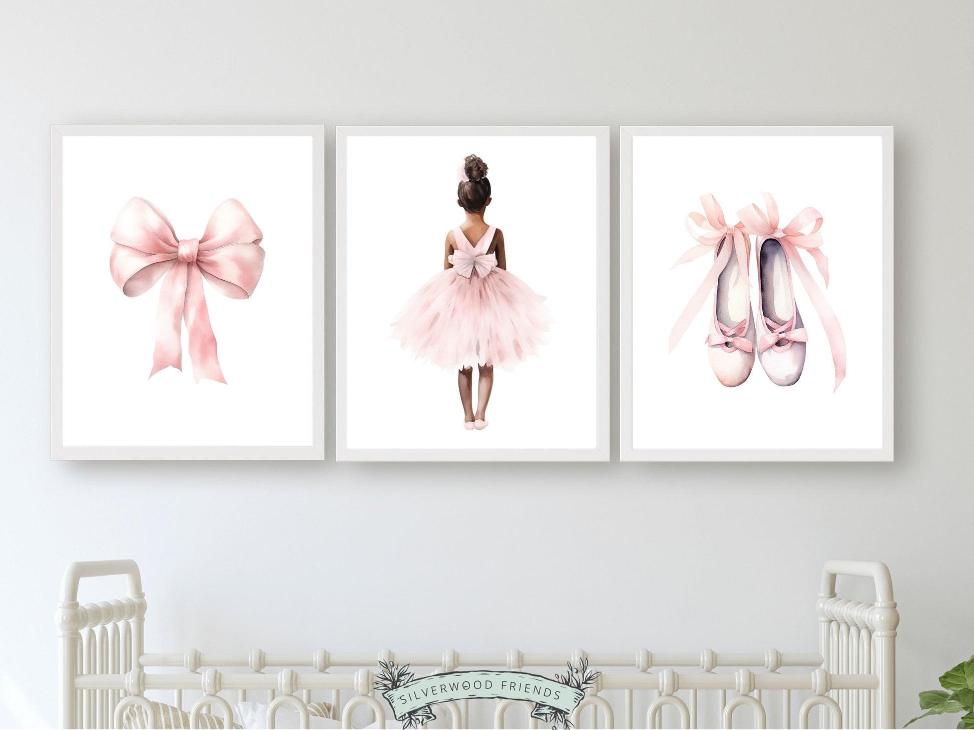 Set of 3 Ballet Nursery Prints, featuring a ballerina, bow, and ballet slippers. Perfect for your ballet themed nursery or dance inspired bedroom, these charming prints inspire imagination and foster a love for ballet
