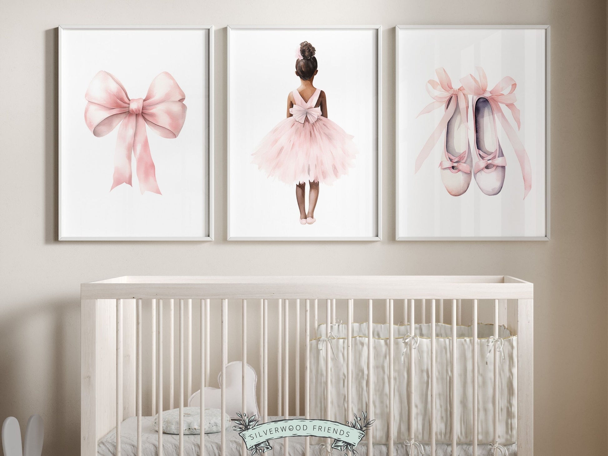 Set of 3 Ballet Nursery Prints, featuring a ballerina, bow, and ballet slippers. Perfect for your ballet themed nursery or dance inspired bedroom, these charming prints inspire imagination and foster a love for ballet.