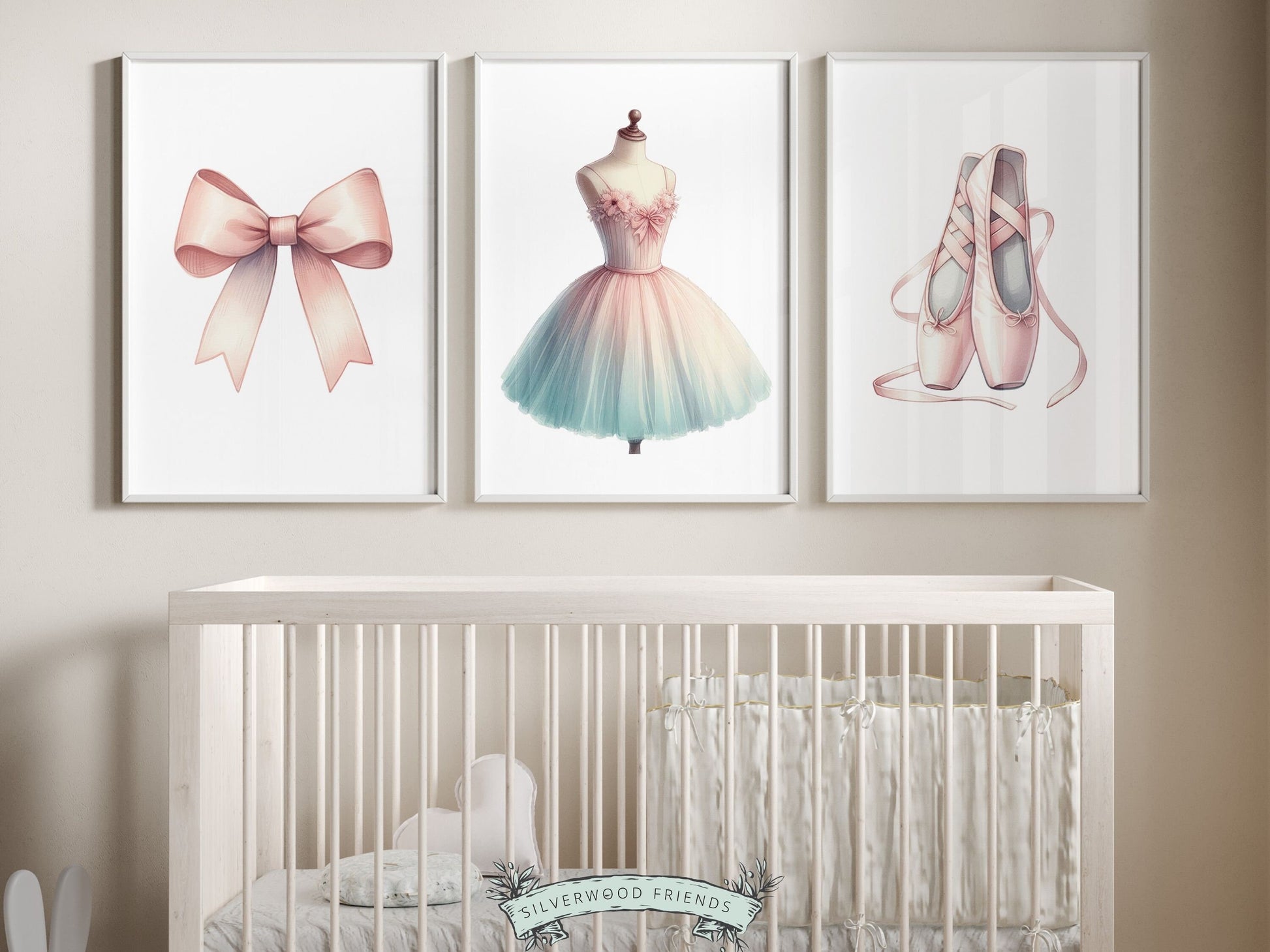 Set of 3 Ballet Prints. These whimsical artworks are an ideal addition to ballet nursery decor, creating a dreamy ambiance or making for a distinctive baby girls baby shower gift that captivates the magic of twirls and tiptoes.