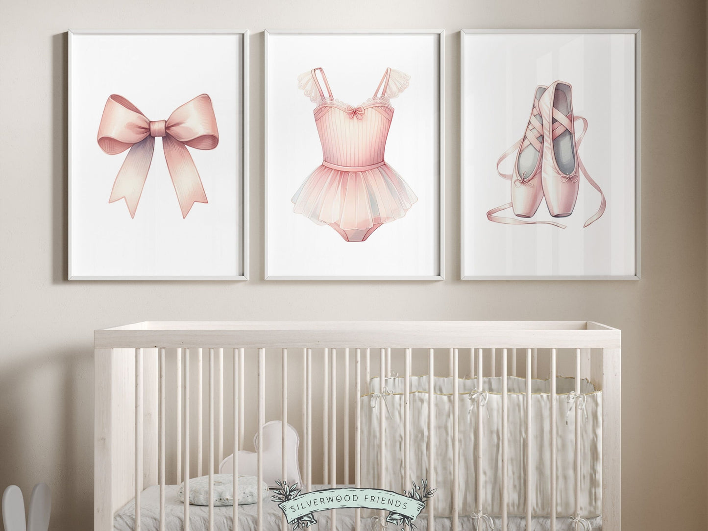 Set of 3 Ballet Prints, showcasing delicate pale pink ballet shoes, bow, and tutu.These whimsical artworks make for an ideal addition to your ballet nursery decor or as an adorable baby shower gift that captures the enchantment of twirls and tiptoes.