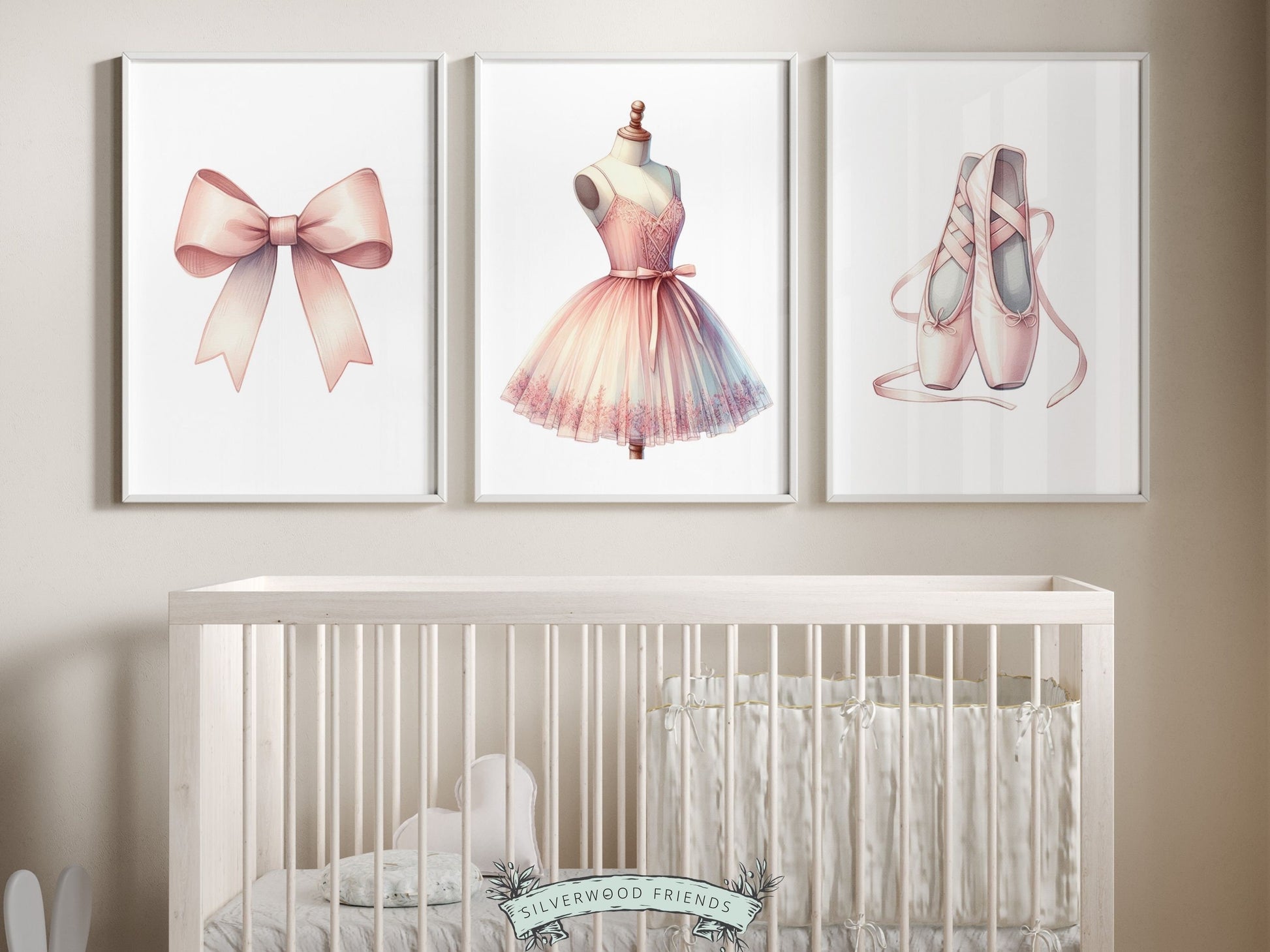Set of 3 Ballet Prints, showcasing delicate pale pink ballet shoes, bow, and tutu. These whimsical artworks make for an ideal addition to your ballet nursery decor or as an adorable baby shower gift that captures the enchantment of twirls and tiptoes