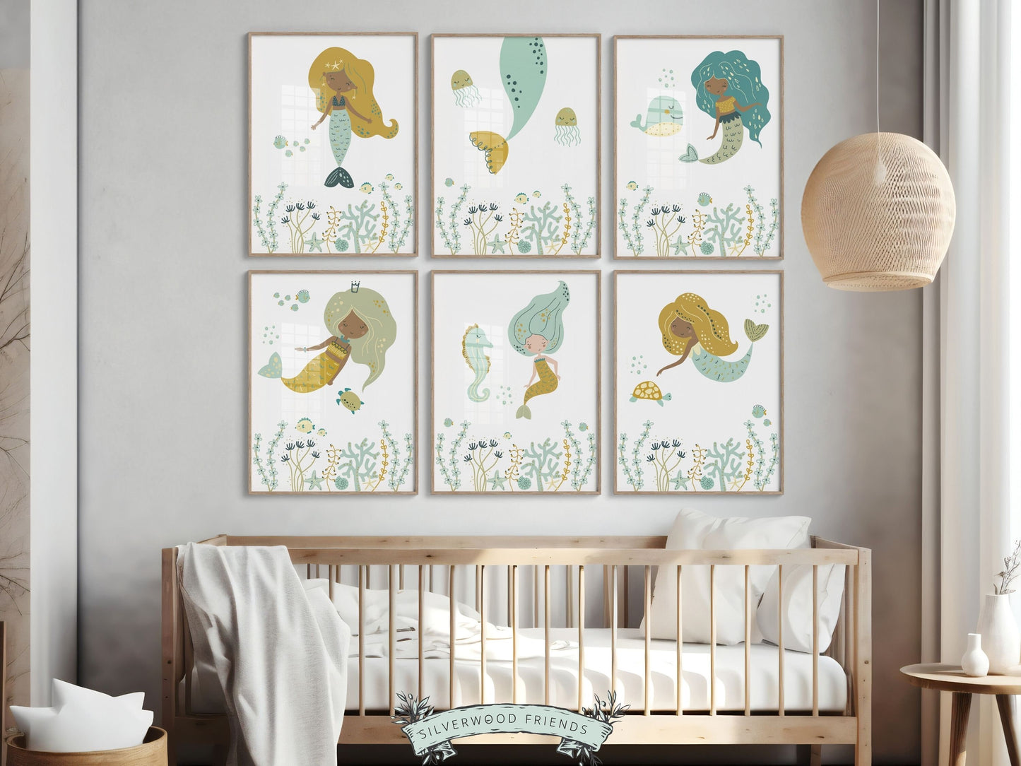 Mermaid Nursery Prints, African American Nursery Decor, Black Mermaid Princess Nursery Wall Art, Newborn Gift,Whale Sea Turtle Digital Print