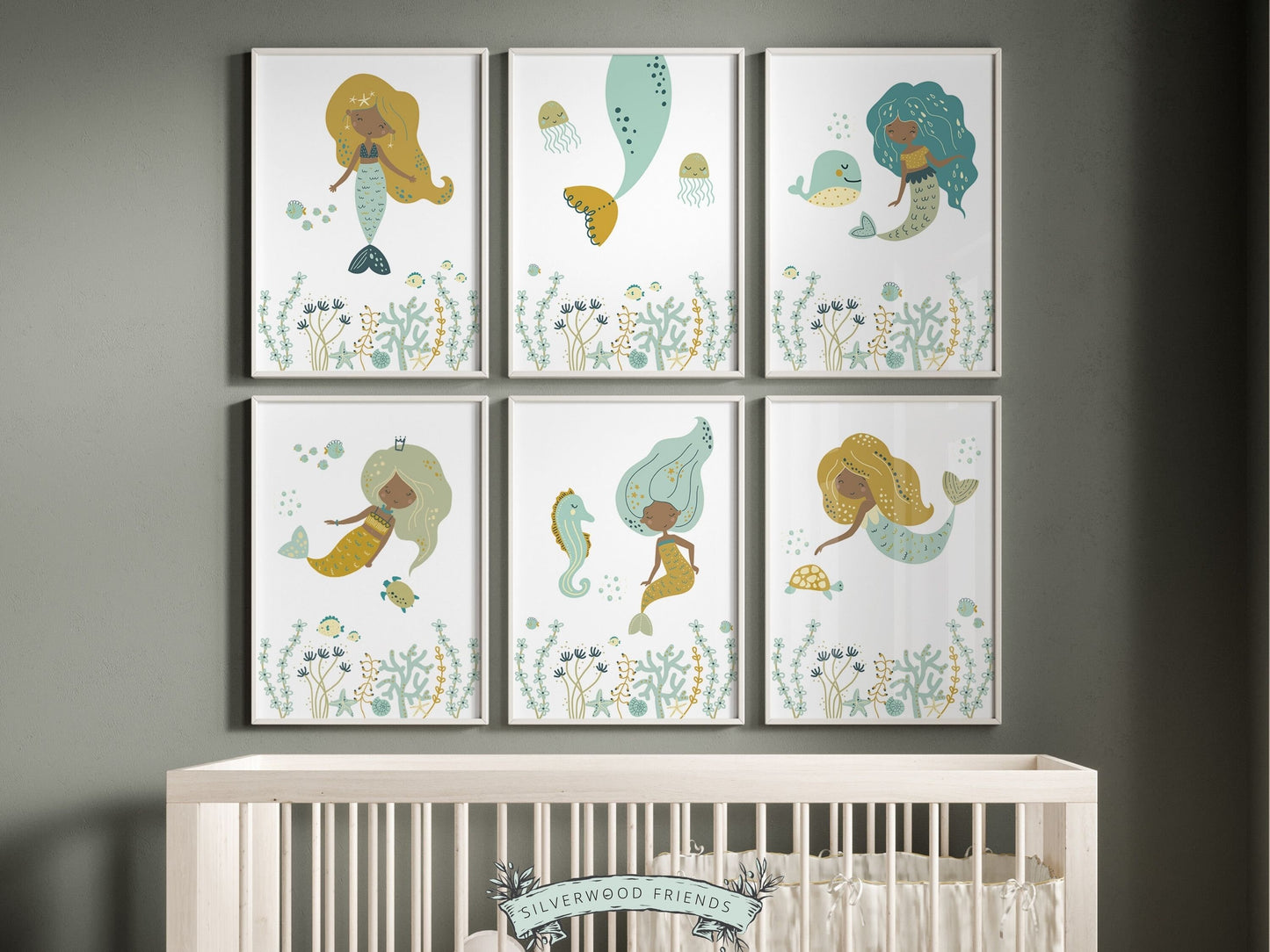 Set of 6 Pastel Mermaid Nursery Prints showcasing mermaids swimming alongside a delightful array of sea creatures including a sea turtle, whale and fish adding a touch of magic to your baby girls nursery decor or as an ocean baby shower gift.