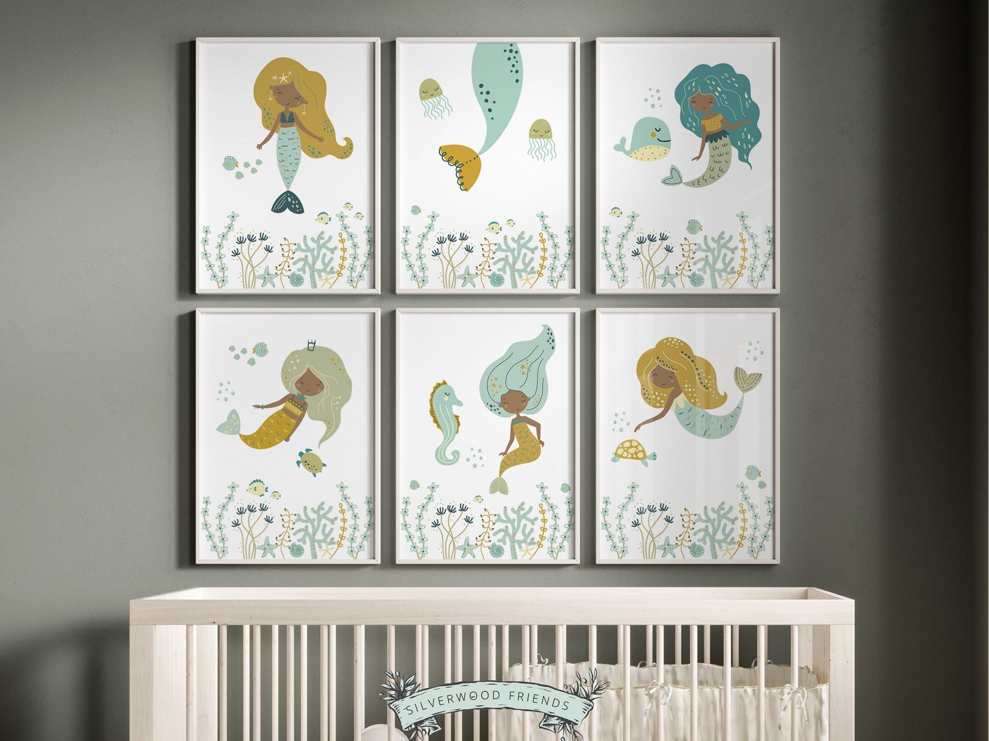 Set of 6 Pastel Mermaid Nursery Prints showcasing mermaids swimming alongside a delightful array of sea creatures including a sea turtle, whale and fish adding a touch of magic to your baby girls nursery decor or as an ocean baby shower gift.