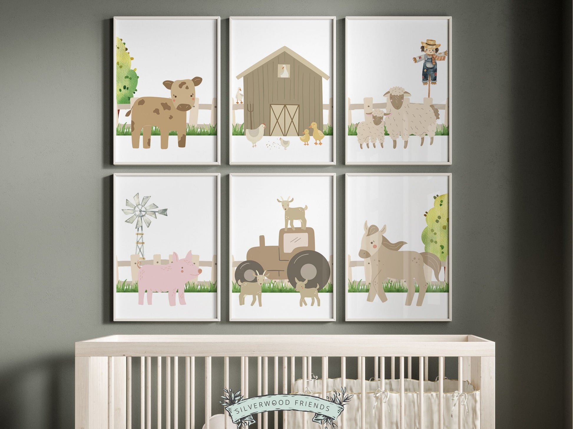 Our Baby Farm Animal Nursery Prints Set of 6 featuring adorable baby farm animals in a calming neutral color palette, is perfect for your farm nursery decor or as a unique gender neutral farm baby shower gift.