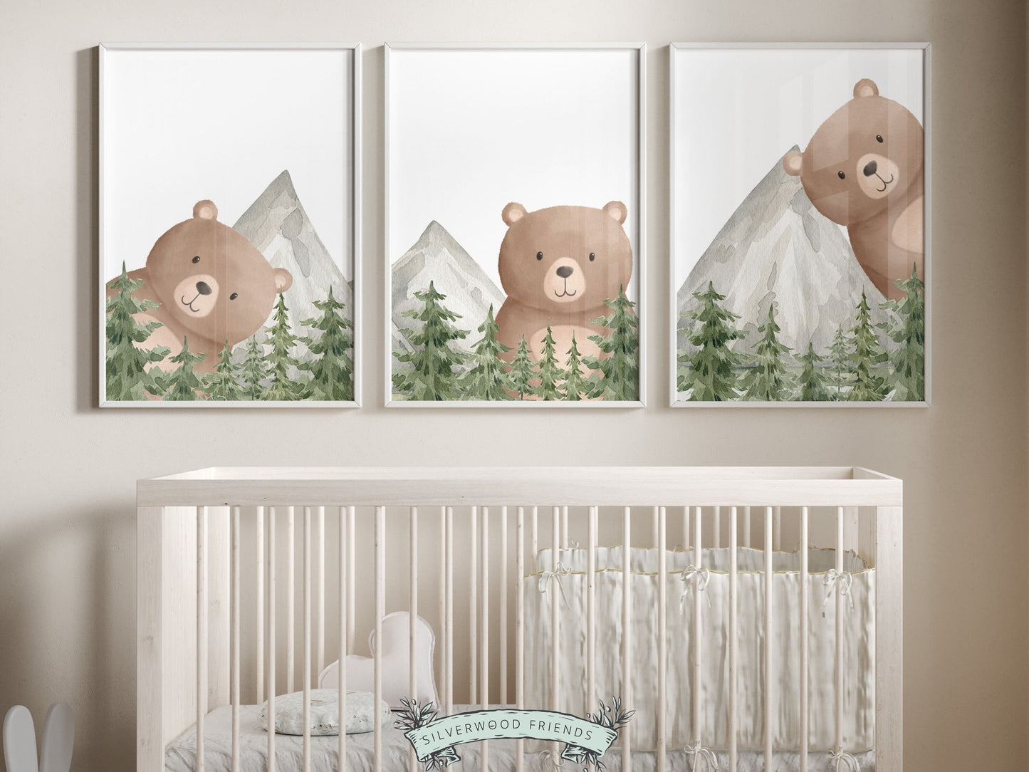 Set of 3 Peeking Bear Woodland Nursery Prints features adorable peeking brown bears with watercolor woodland forest trees and mountain landscape. Its perfect for your bear nursery decor or woodland nursery and makes a unique baby shower gift.