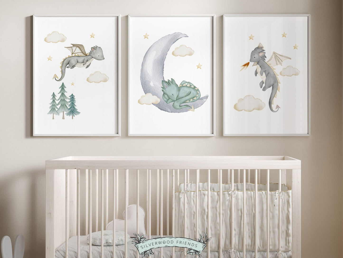 3 Baby Dragon Nursery Prints featuring watercolor baby dragons, moon and stars, will spark their imagination and create a calm and cosy atmosphere. It&#39;s perfect for your dragon nursery decor and also makes an adorable dragon baby shower gift.