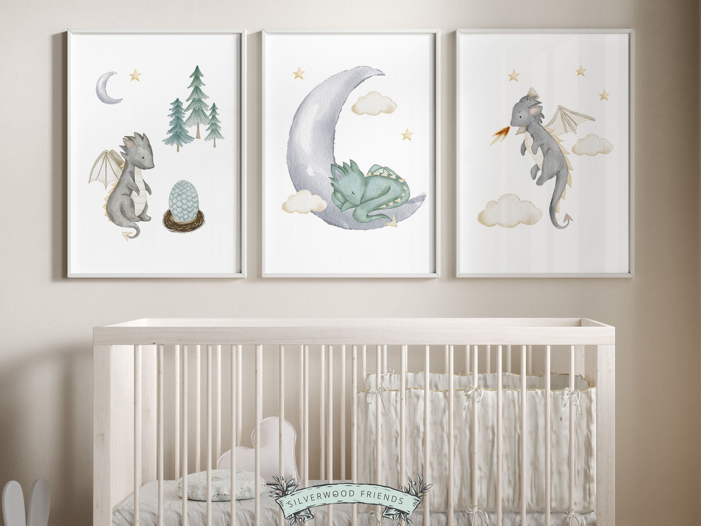 Set of 3 Baby Dragon Nursery Prints featuring watercolor baby dragons, moon and stars, will spark their imagination and create a calm and cosy atmosphere. Its perfect for your dragon nursery decor and also makes an adorable dragon baby shower gift.