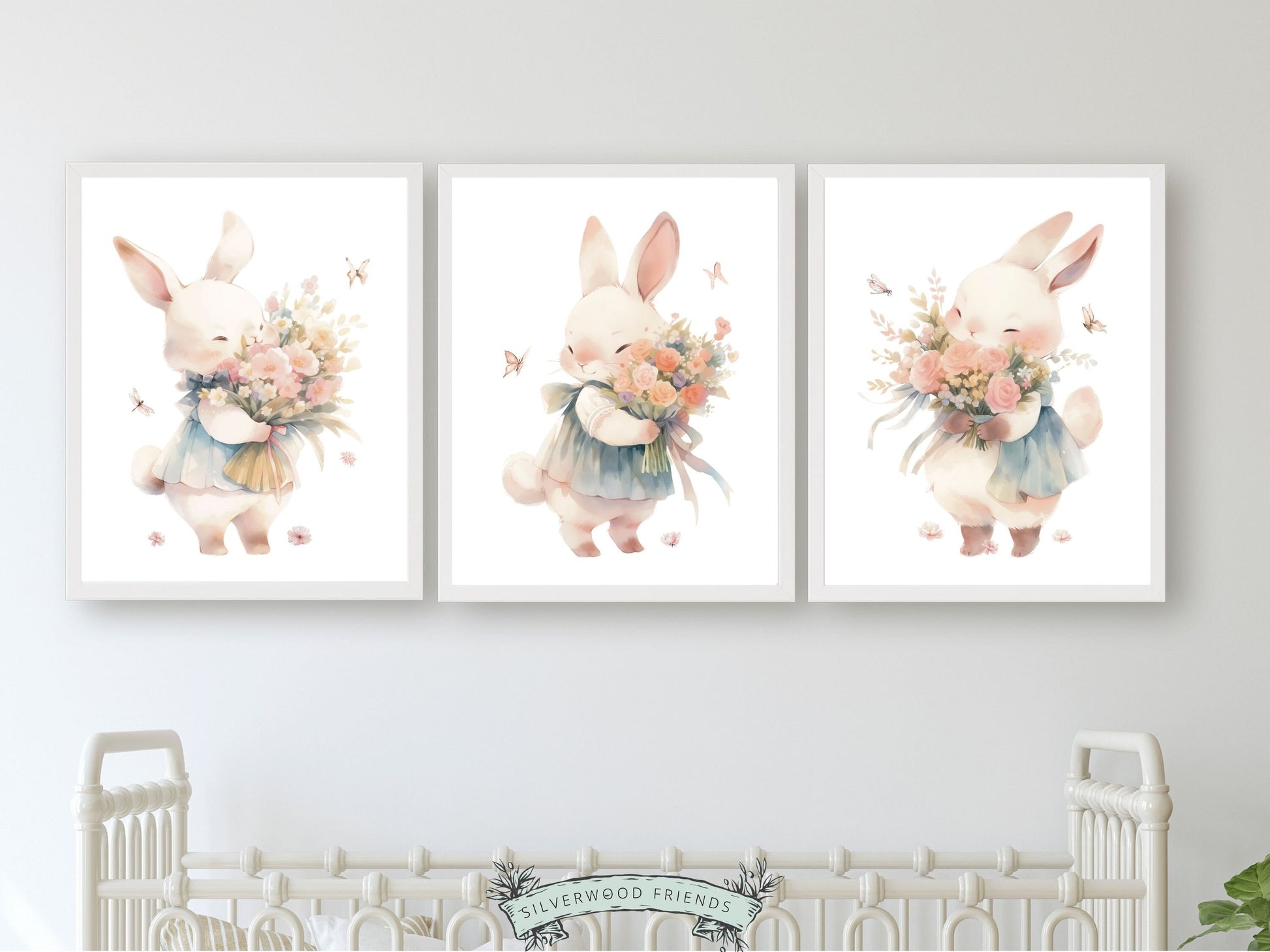 Easter decor with our enchanting Bunny Nursery Prints, showcasing delicate watercolour bunny rabbits, wildflowers, and butterflies. Ideal for creating a charming ambiance in your little girl's wildflower themed nursery or as a delightful Easter or baby shower gift for babies and toddlers.