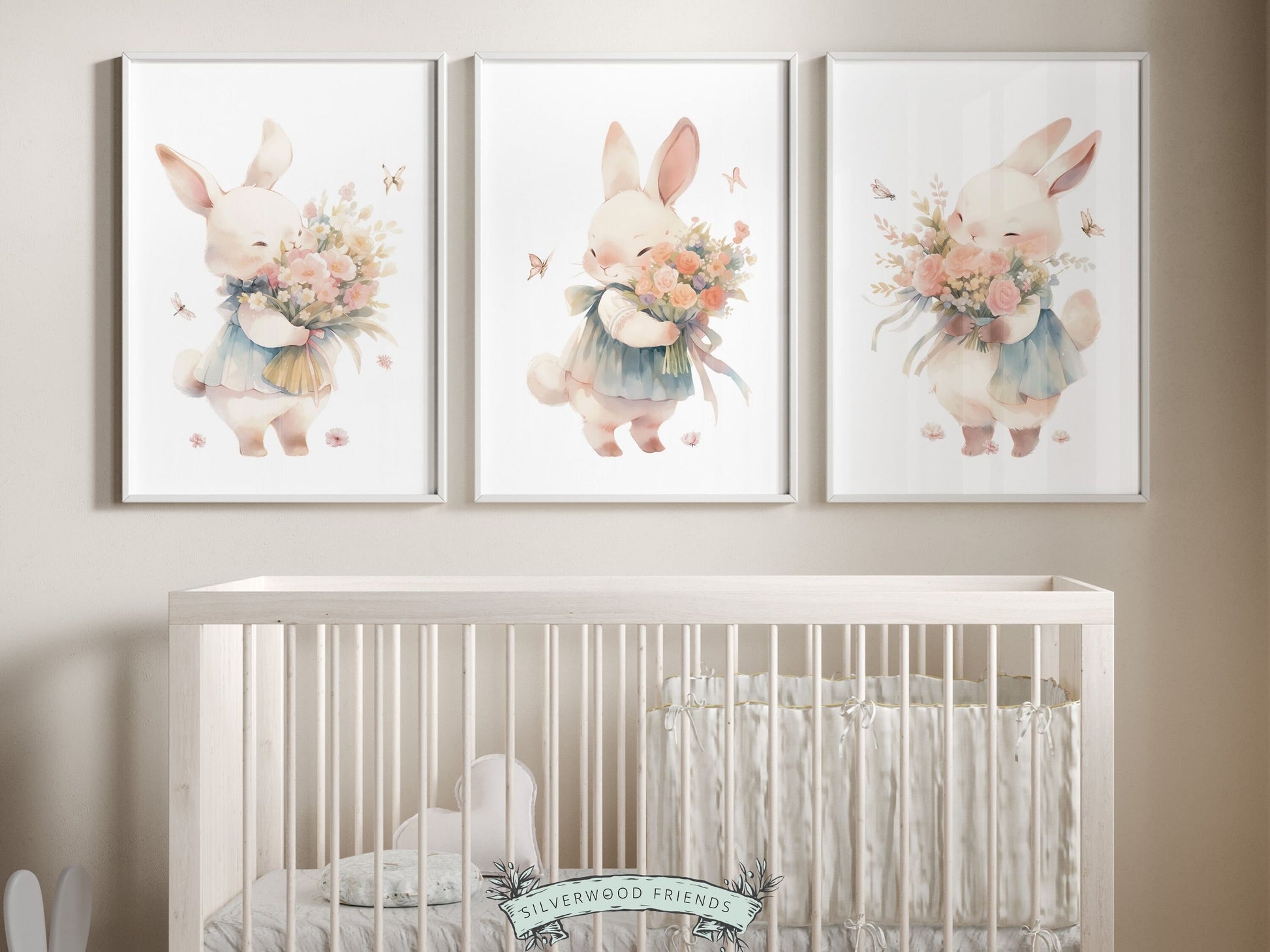 Bunny Nursery Prints, featuring delicate watercolor bunny rabbits, wildflowers, and butterflies.Ideal for creating a charming ambiance in your little girls wildflower themed nursery and a delightful Easter or baby shower gift for babies and toddlers.