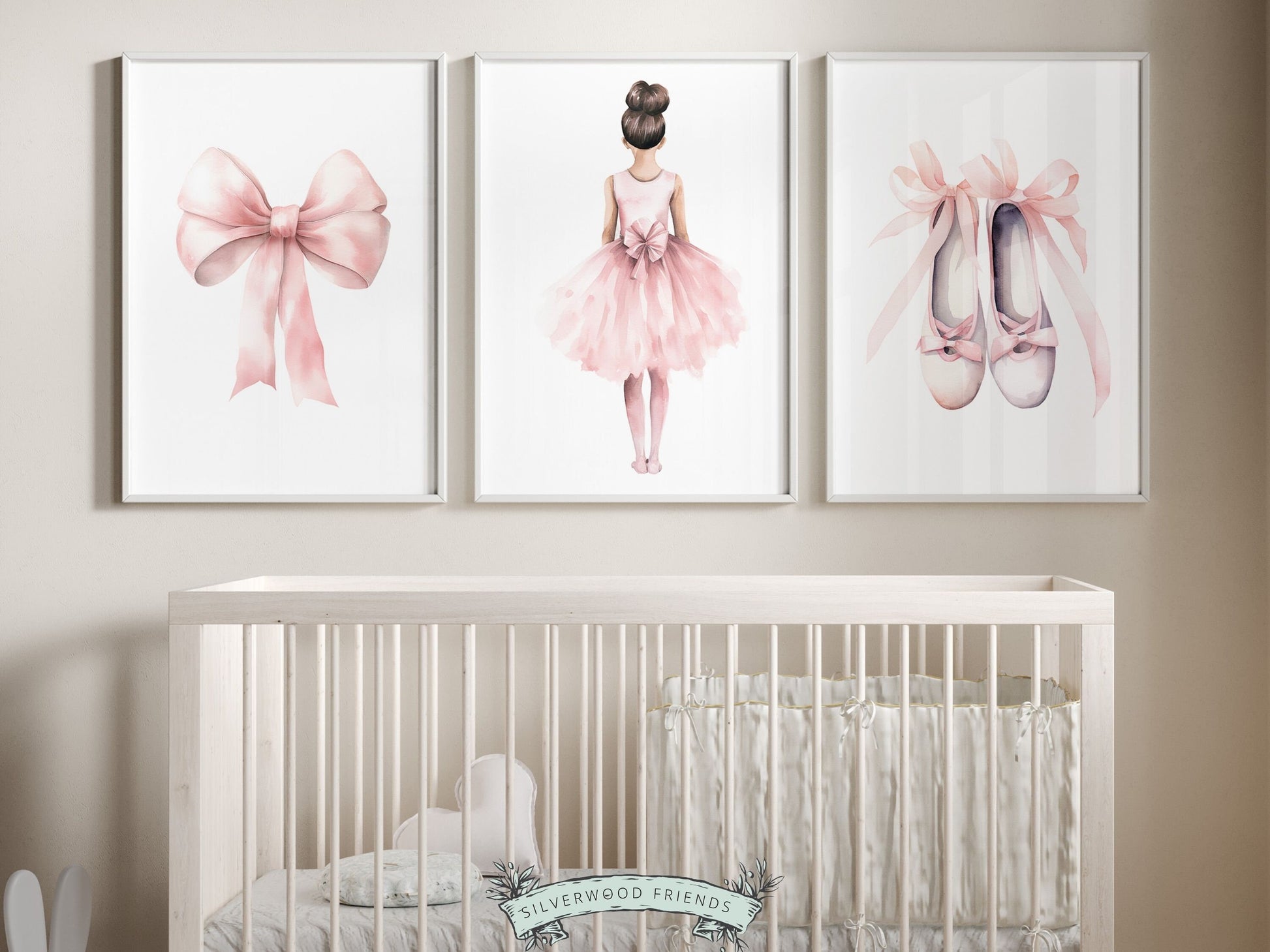 Set of 3 Ballet Nursery Prints, featuring a ballerina, bow, and ballet slippers. Perfect for your ballet themed nursery or dance inspired bedroom, these charming prints inspire imagination and foster a love for ballet.