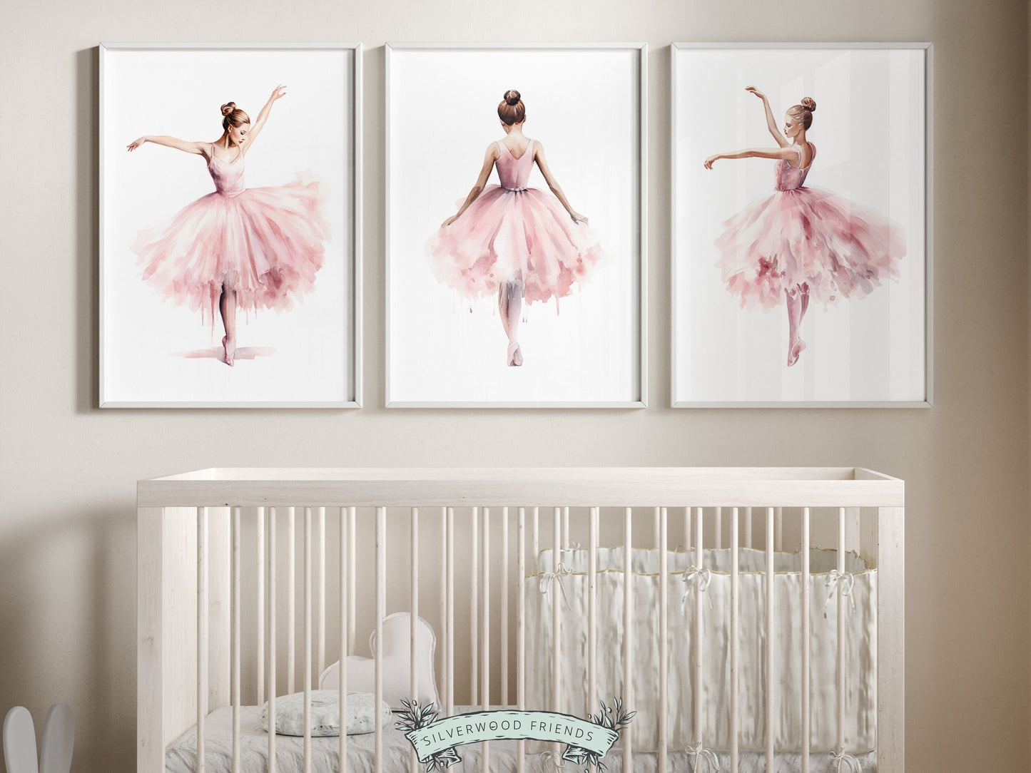 Set of 3 Ballet Nursery Prints, capturing the magic of graceful ballerinas dancing. Adorn her space with these whimsical prints inspiring dreams of twirls and tiptoes. Perfect for your ballet nursery decor or as a unique baby shower gift.
