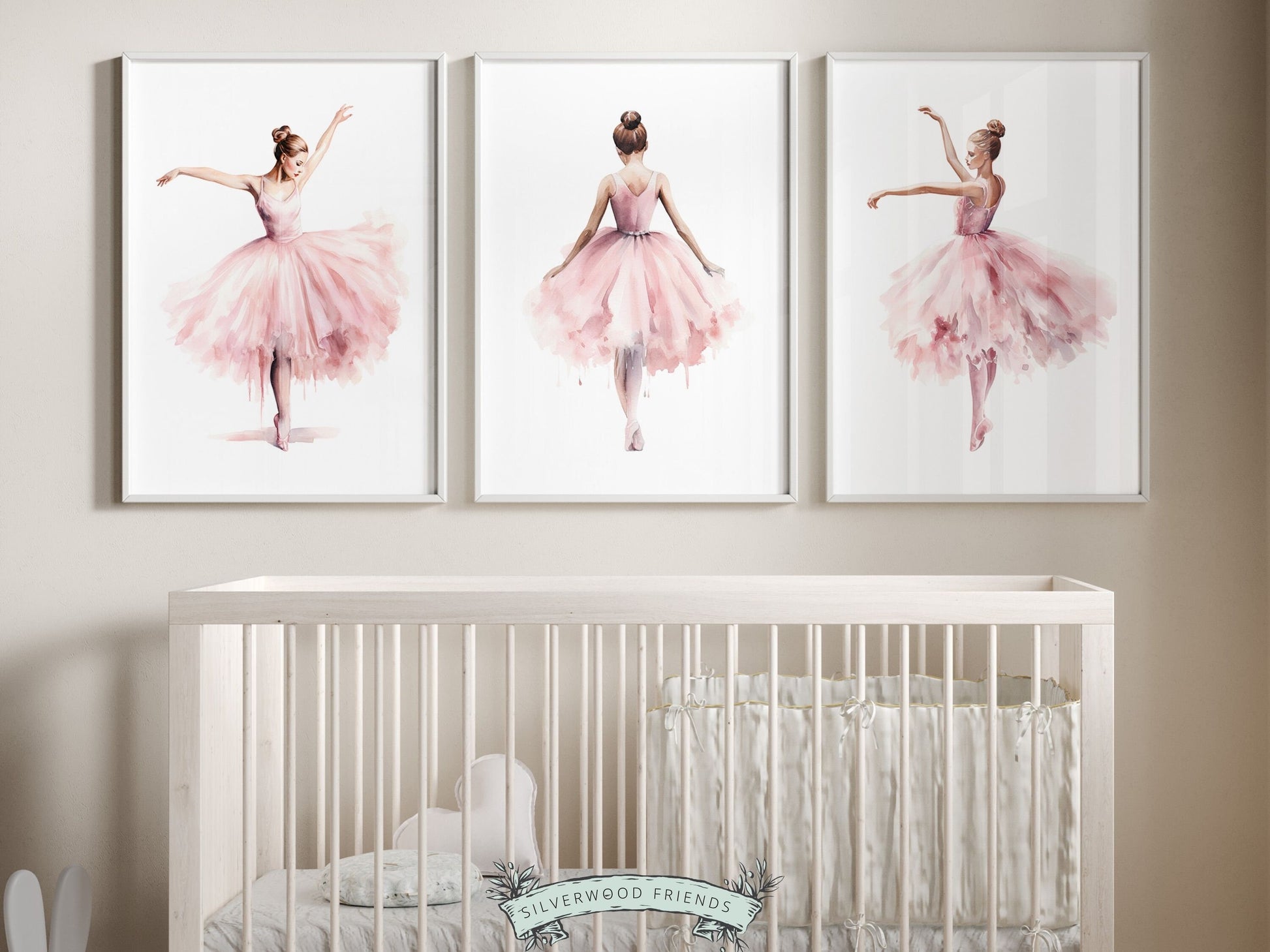 Set of 3 Ballet Nursery Prints, capturing the magic of graceful ballerinas dancing. Adorn her space with these whimsical prints inspiring dreams of twirls and tiptoes. Perfect for your ballet nursery decor or as a unique baby shower gift.