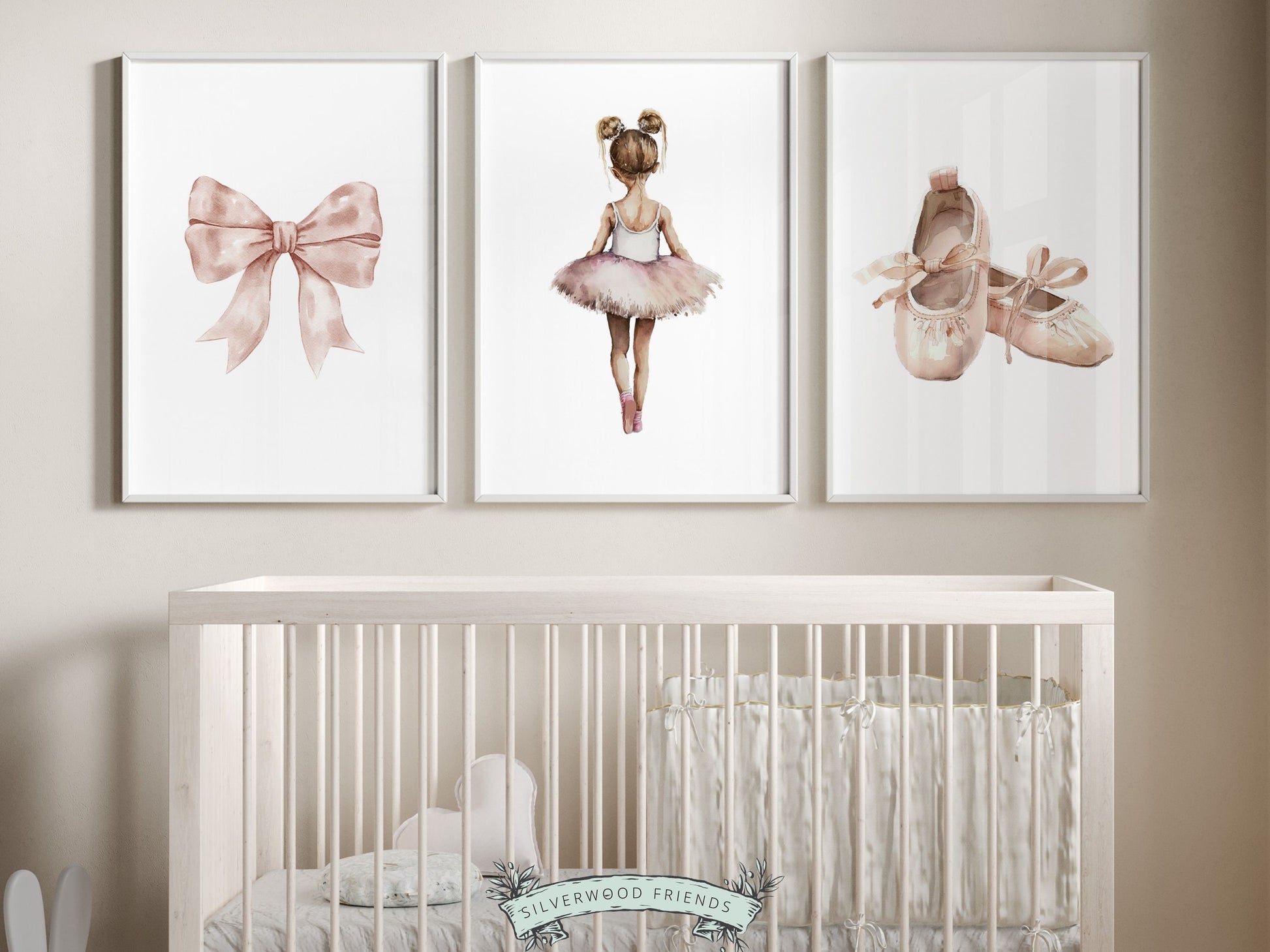 Set of 3 Ballet Nursery Prints, capturing the magic of a little ballerina, bow and ballet slippers. Adorn her space with these whimsical prints inspiring dreams of twirls and tiptoes. Perfect for your ballet nursery decor or as a baby shower gift.