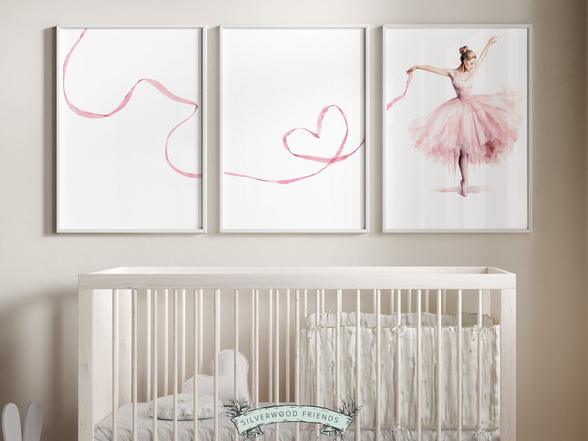 Set of 3 Ballet Nursery Prints, capturing the magic of a graceful ballerina dancing. Adorn her space with these whimsical prints inspiring dreams of twirls and tiptoes. Perfect for your ballet nursery decor or as a unique baby girls baby shower gift