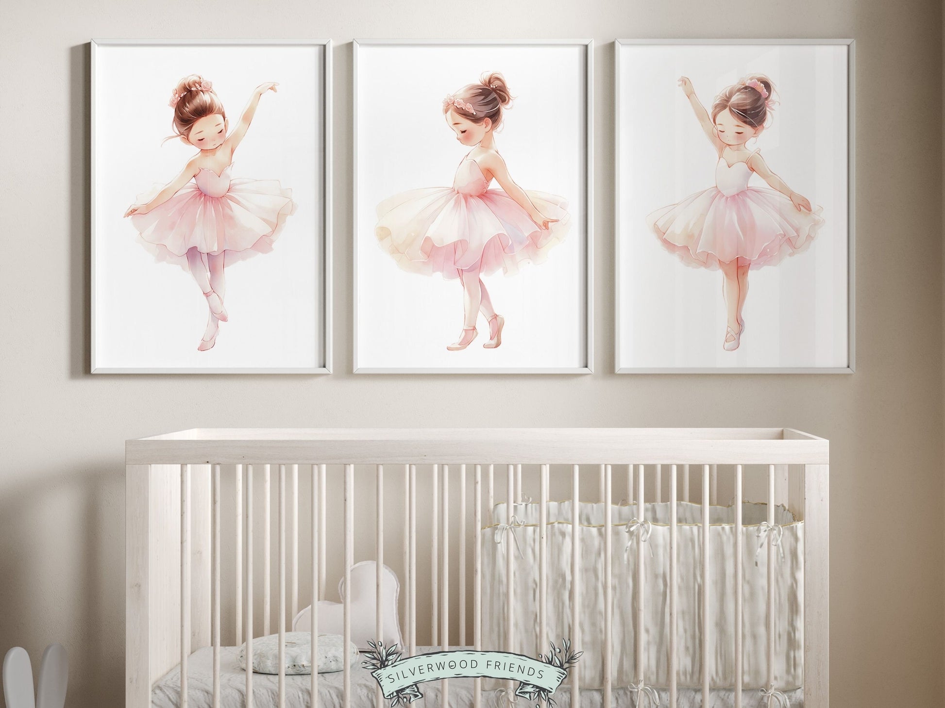 Set of 3 Ballet Prints featuring adorable little ballerinas. These whimsical artworks are an ideal addition to your ballet nursery decor, creating a dreamy ambiance or making for a distinctive baby girls baby shower gift.