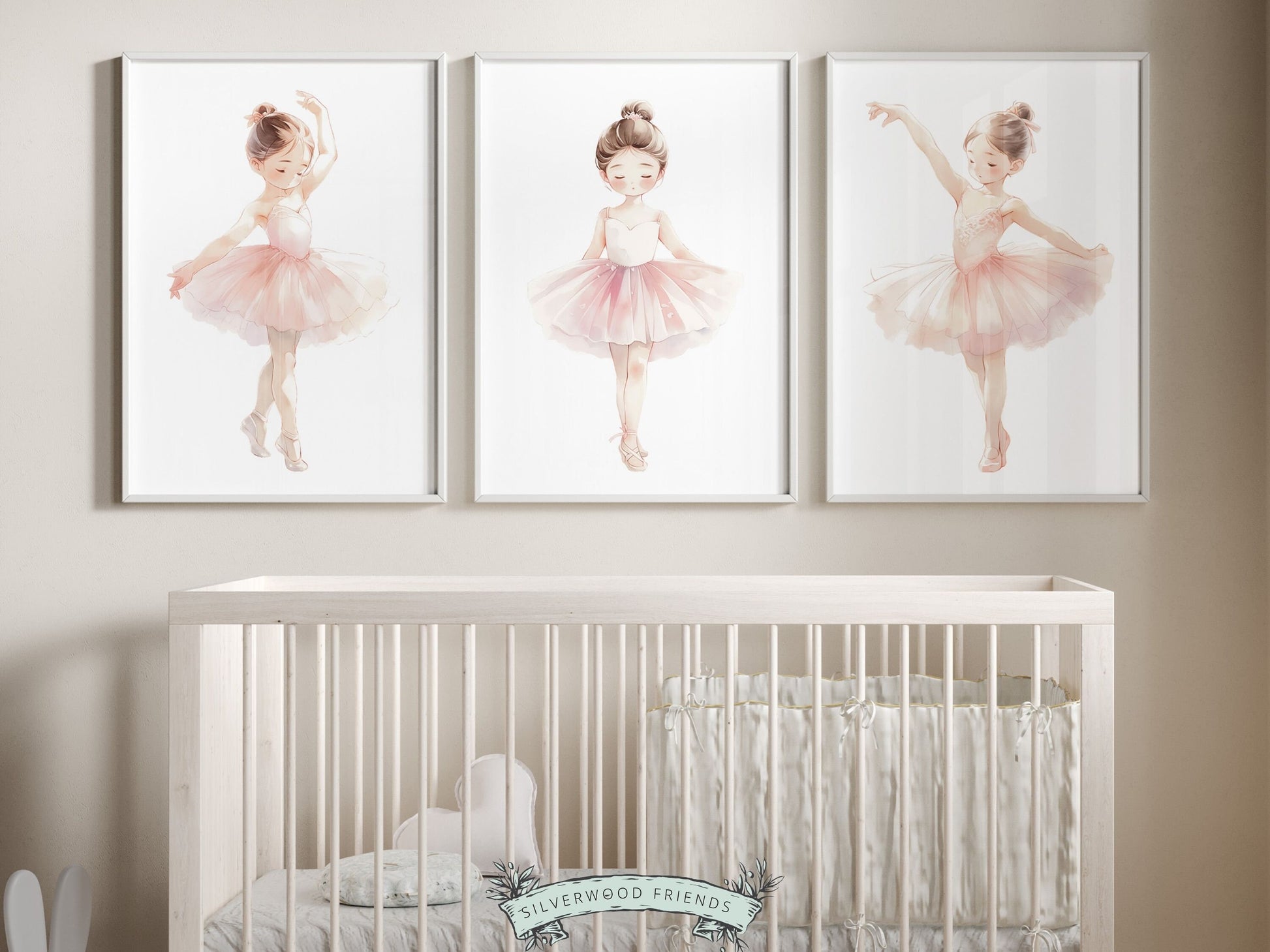 Set of 3 Ballet Prints featuring adorable little ballerina&#39;s. These whimsical artworks are an ideal addition to your ballet nursery decor or as an adorable baby girls baby shower gift that captivates the magic of twirls and tiptoes.