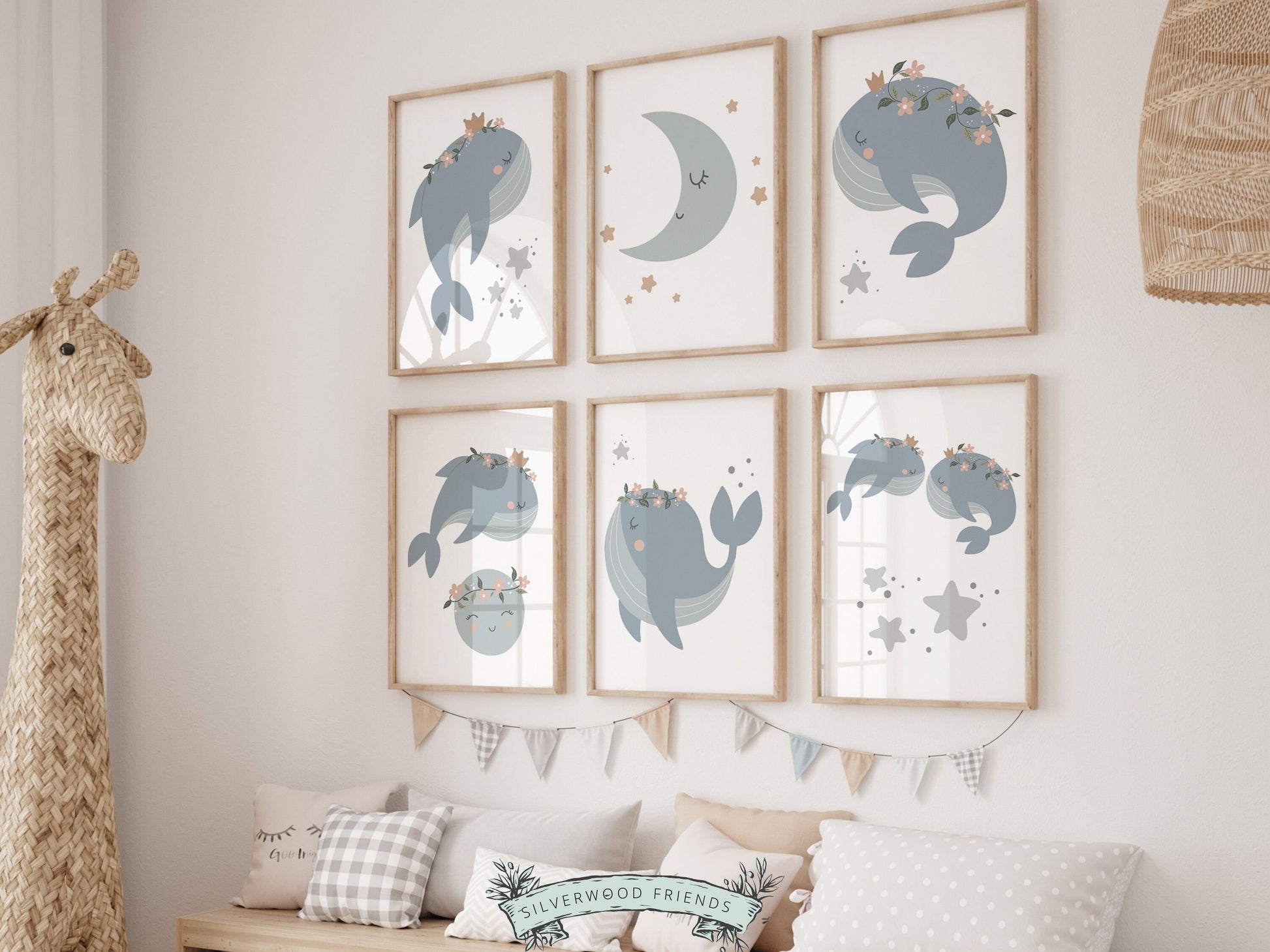Blue Whale Nursery Wall Art, Baby Girl's Celestial Whale Nursery Decor, Ocean Newborn Gift, Girls Under The Sea Whale Nursery Digital Prints