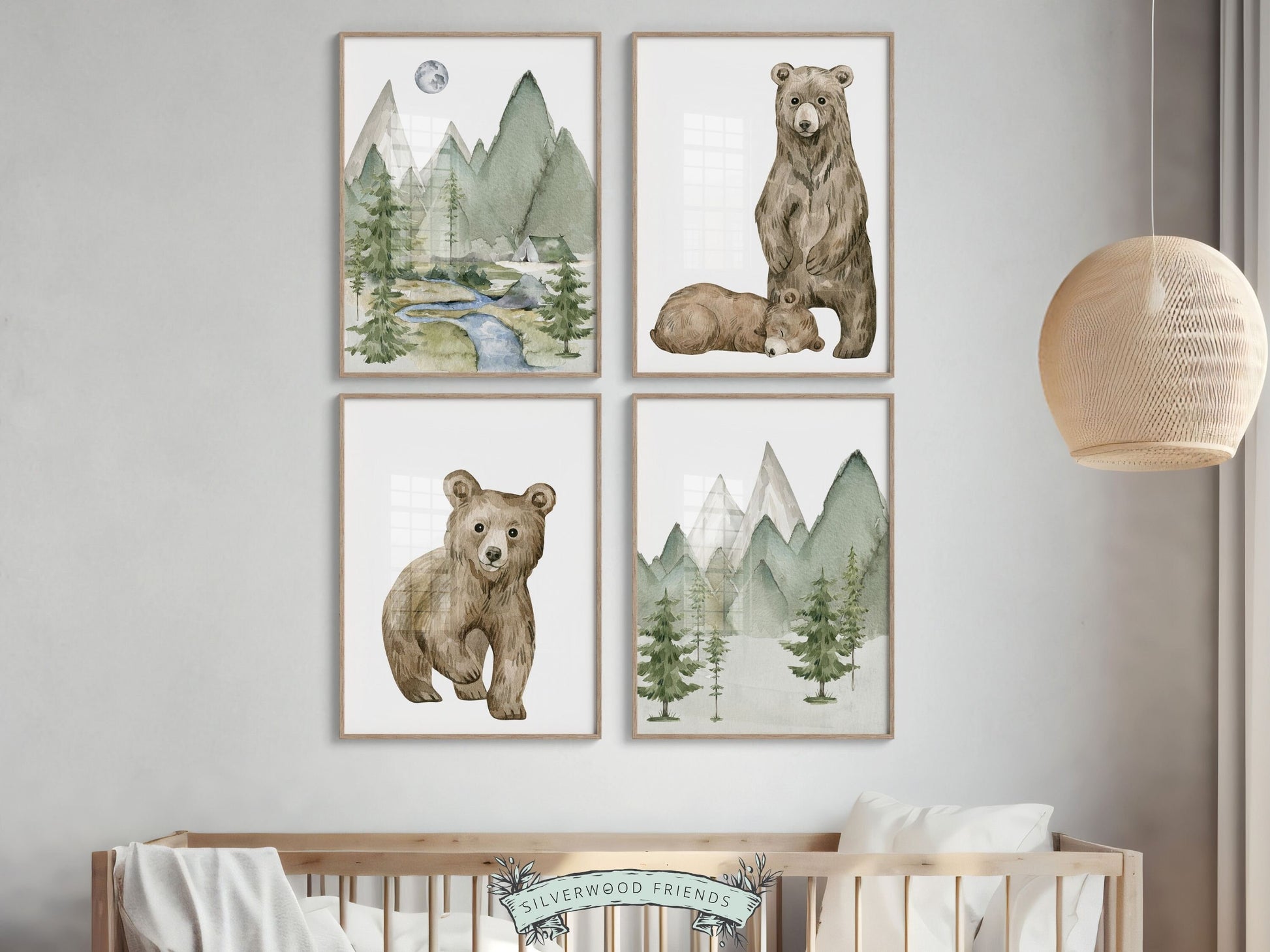 Set of 4 Baby Bear Nursery Prints featuring baby bears and woodland forest and mountain landscapes. Perfect for your woodland nursery decor or nature themed nursery and part of our ORIGINAL and BEST SELLING Bear Nursery Print Collection. Newborn Gift