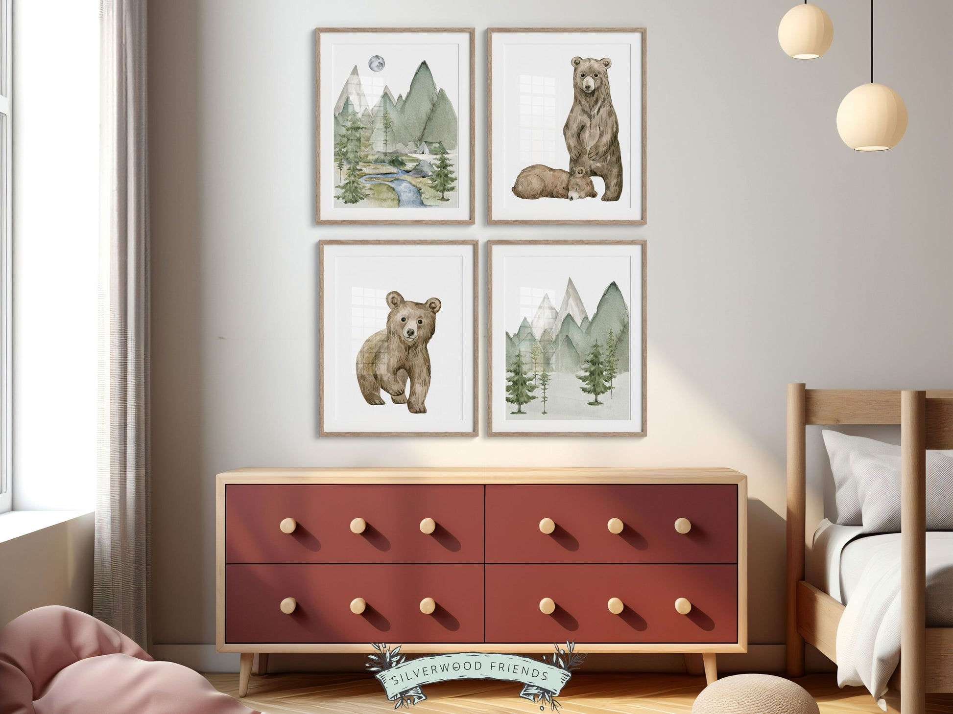 Baby Bear Nursery Print, Mountain Bear Nursery Decor, Forest Bear Nursery Wall Art, Green Woodland Nursery Decor, Newborn Gift Digital Print
