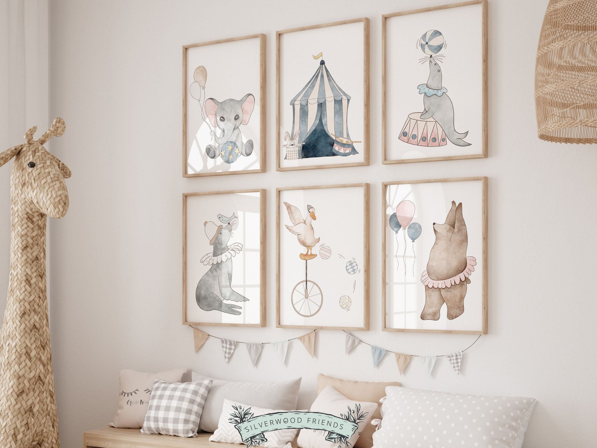 Baby Girl's Pastel Nursery Prints, Baby Girls Nursery Decor, Whimsical Nursery Wall Art, Circus Animal Bear Elephant Seal Duck Digital Print