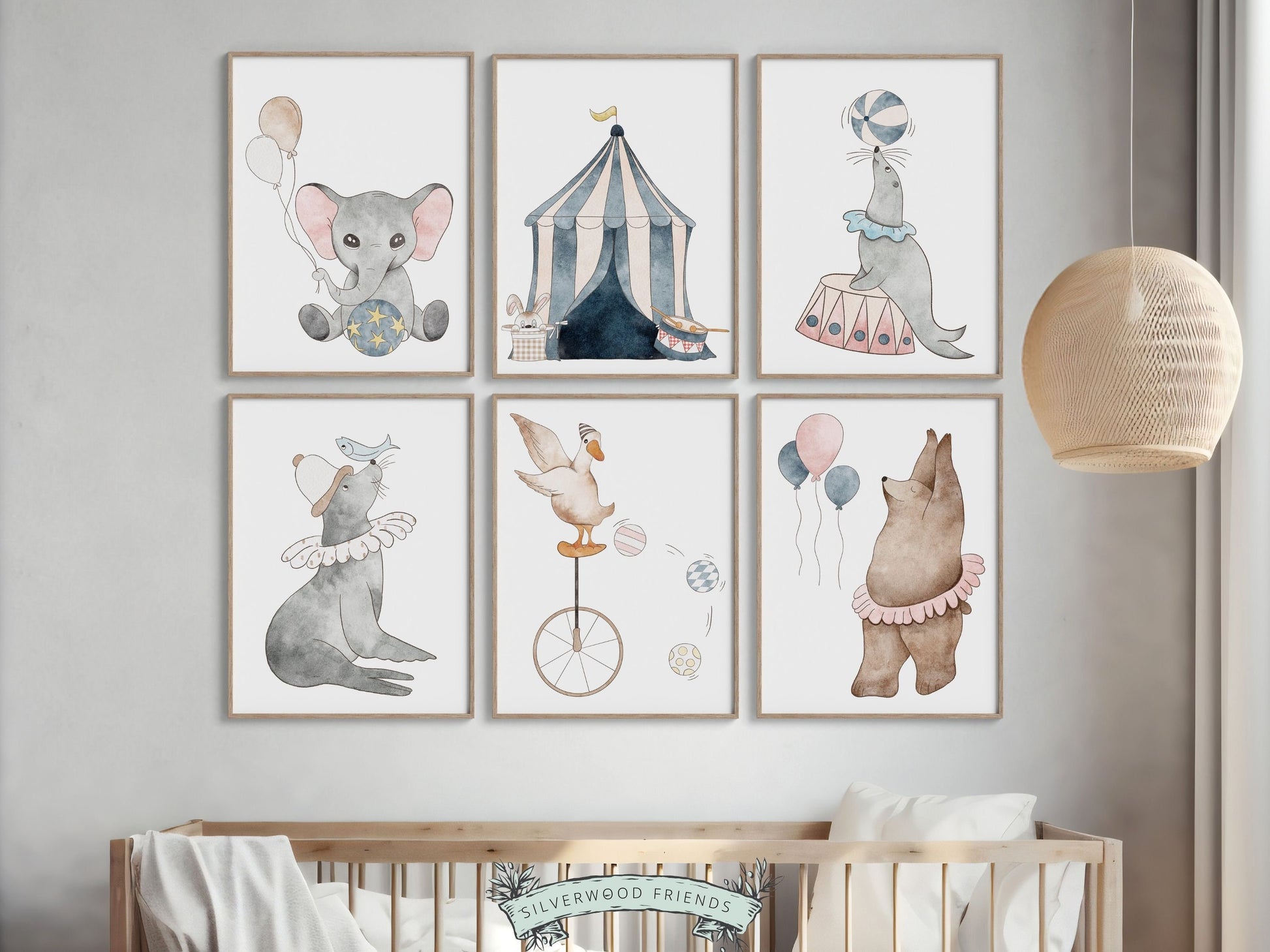 Baby Girl's Pastel Nursery Prints, Baby Girls Nursery Decor, Whimsical Nursery Wall Art, Circus Animal Bear Elephant Seal Duck Digital Print
