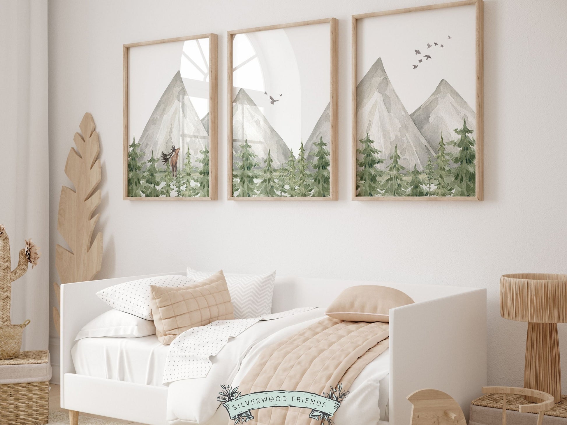 Set of 3 Mountain Print Set, Mountain Nursery Print, Woodland Forest Tree Nursery Decor, Neutral Nature Nursery, Deer Nursery Digital Print