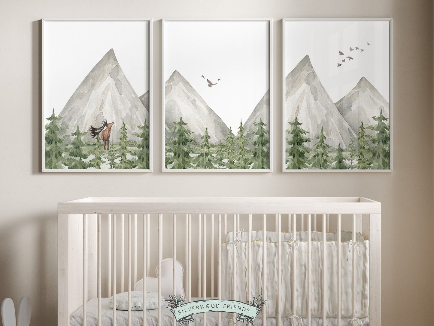 Set of 3 watercolor mountain prints, featuring watercolor mountain and woodland forest landscape. Its ideal for adding a touch of natural beauty to your mountain nursery also makes a unique baby shower gift.