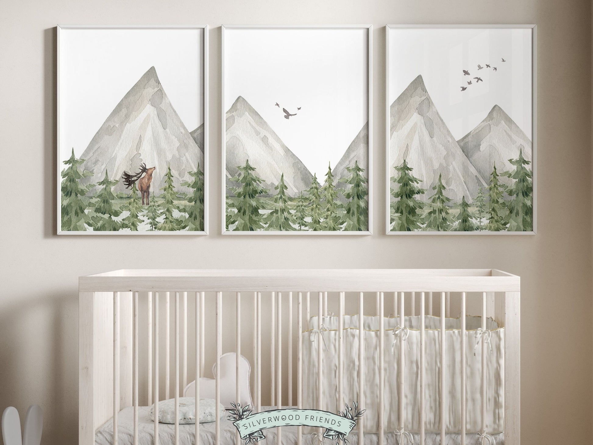 Set of 3 watercolor mountain prints, featuring watercolor mountain and woodland forest landscape. Its ideal for adding a touch of natural beauty to your mountain nursery also makes a unique baby shower gift.