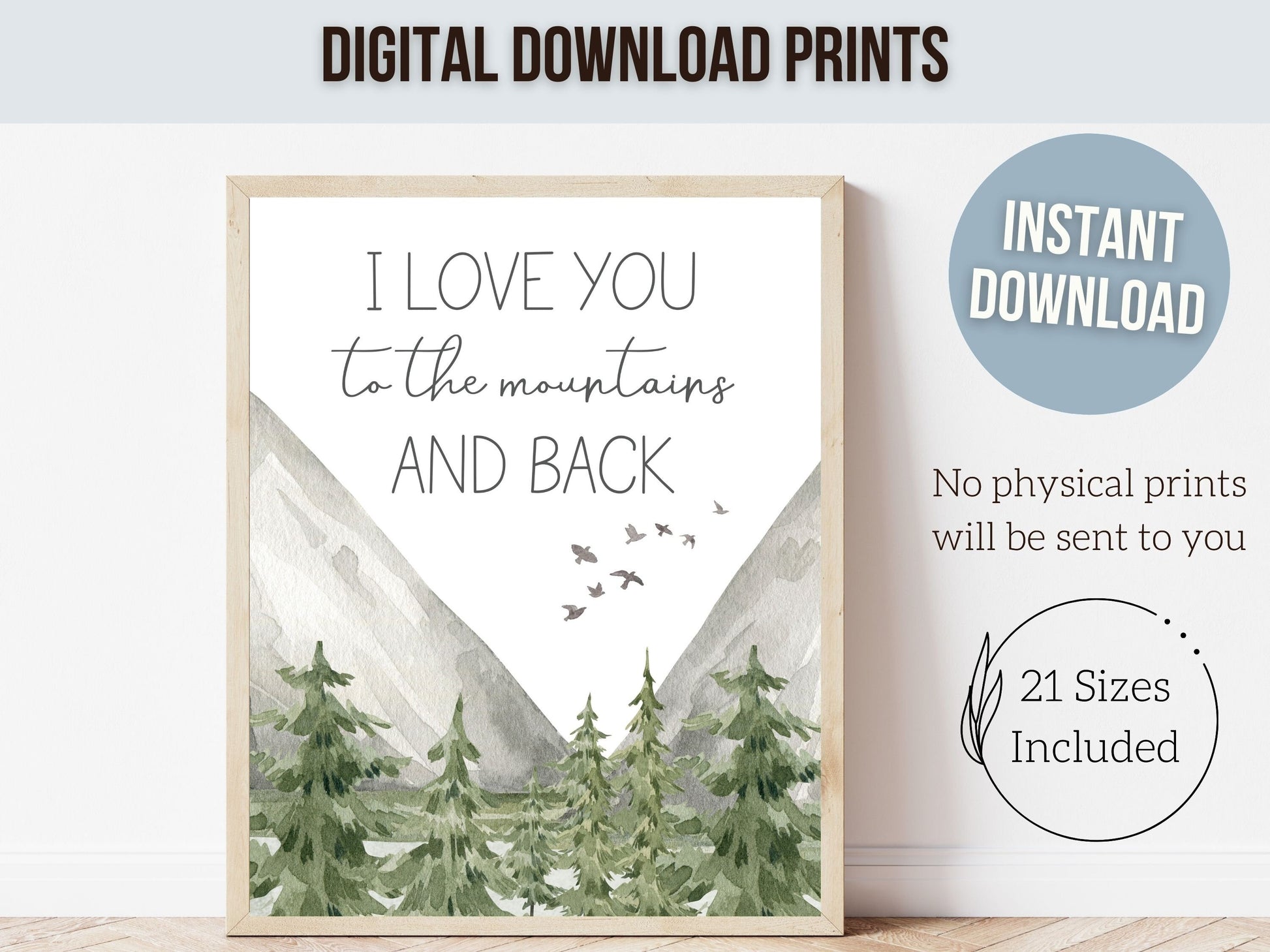 Set of 3 Mountain Print Set, Mountain Nursery Print, Woodland Forest Tree Nursery Decor, I Love You To The Mountains And Back Digital Print