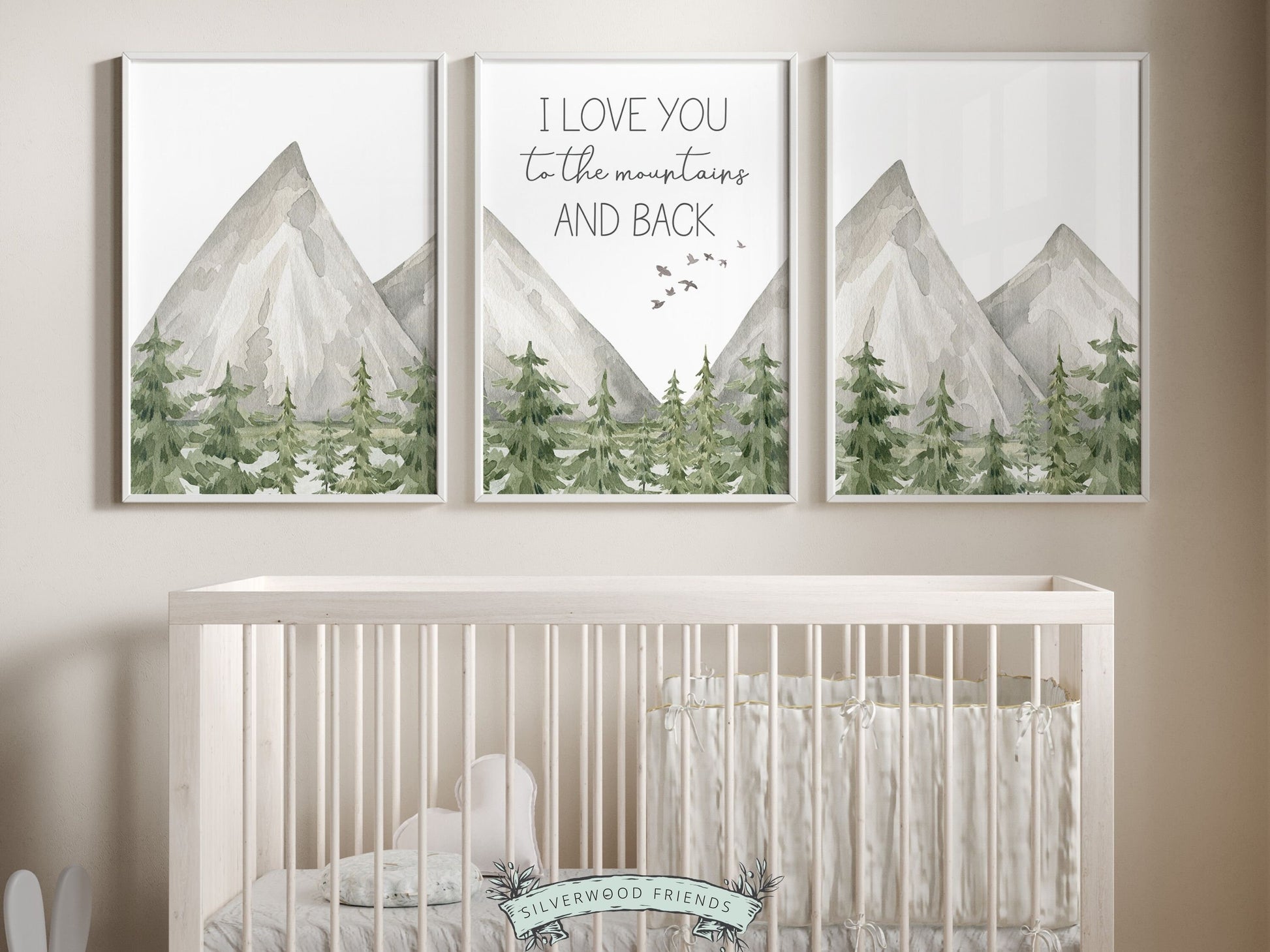 Set of 3 watercolor mountain prints, featuring the quote I love you to the mountains and back set against a mountain and woodland forest landscape. Add a touch of natural beauty to your mountain nursery and makes a lovely neutral baby shower gift.
