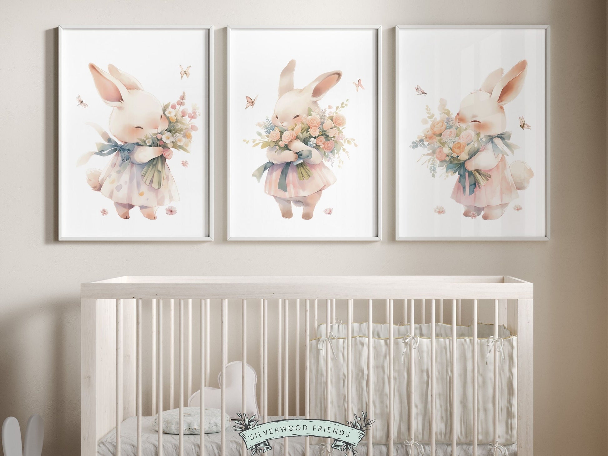 Bunny Nursery Prints, featuring delicate bunny rabbits, wildflowers, and butterflies. Ideal for creating a delightful atmosphere in your little girls wildflower themed nursery or as a delightful Easter or baby shower gift for babies and toddlers.