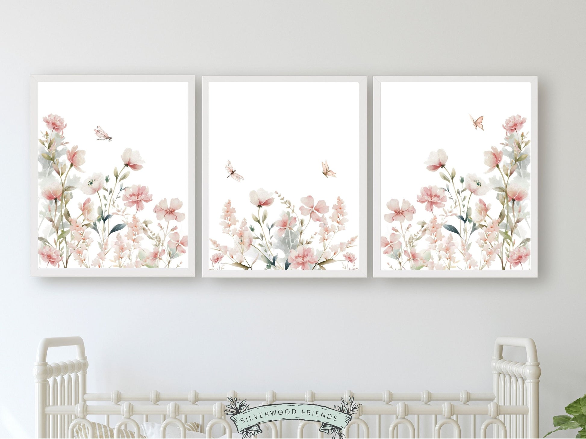Our gorgeous Wildflower Nursery Prints with watercolour wildflower meadow flowers, butterflies and dragonflies is perfect for your wildflower nursery decor or boho nursery and also makes a unique baby shower gift.